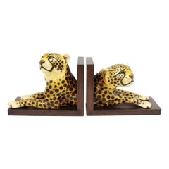 Italian Hollywood Regency Cheetah Ceramic Bookends, Set of Two