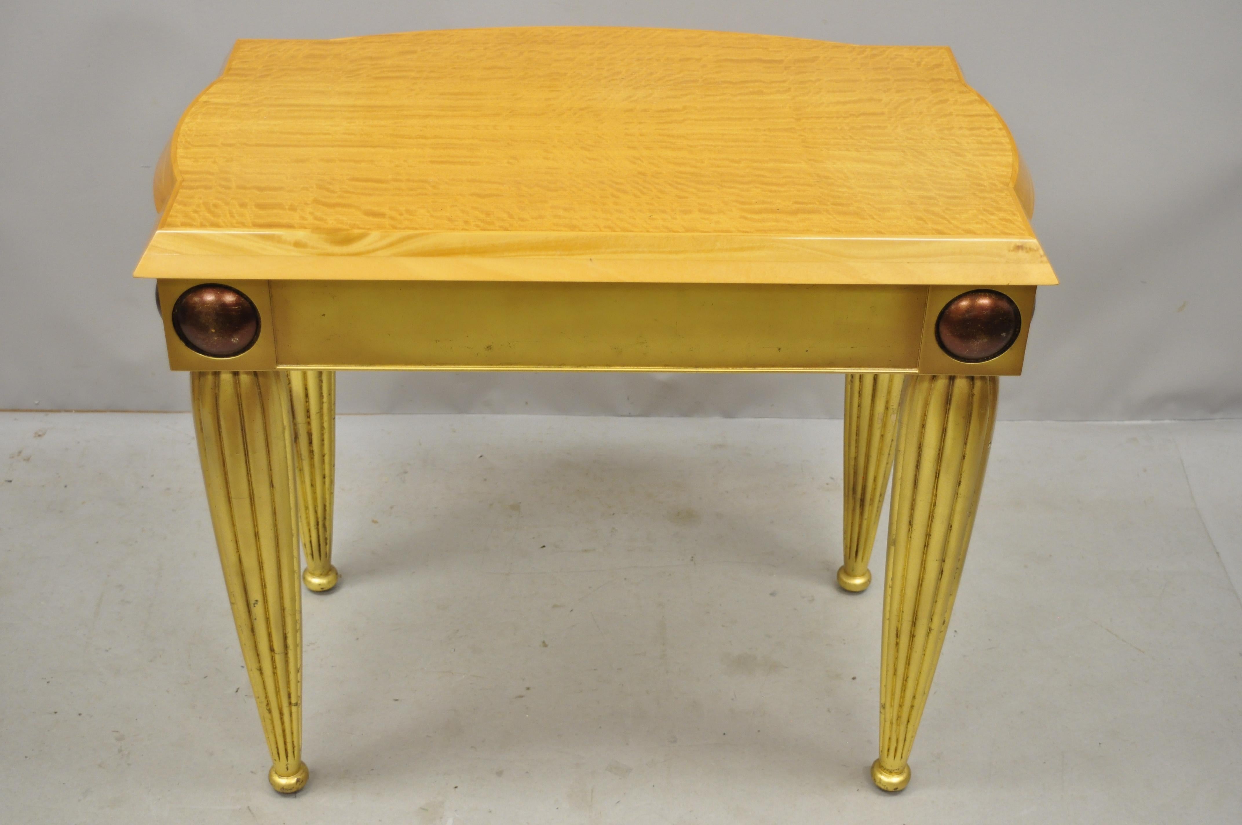 Italian Hollywood Regency Curly Maple Gold Gilt Leaf 1 Drawer Console Hall Table For Sale 8