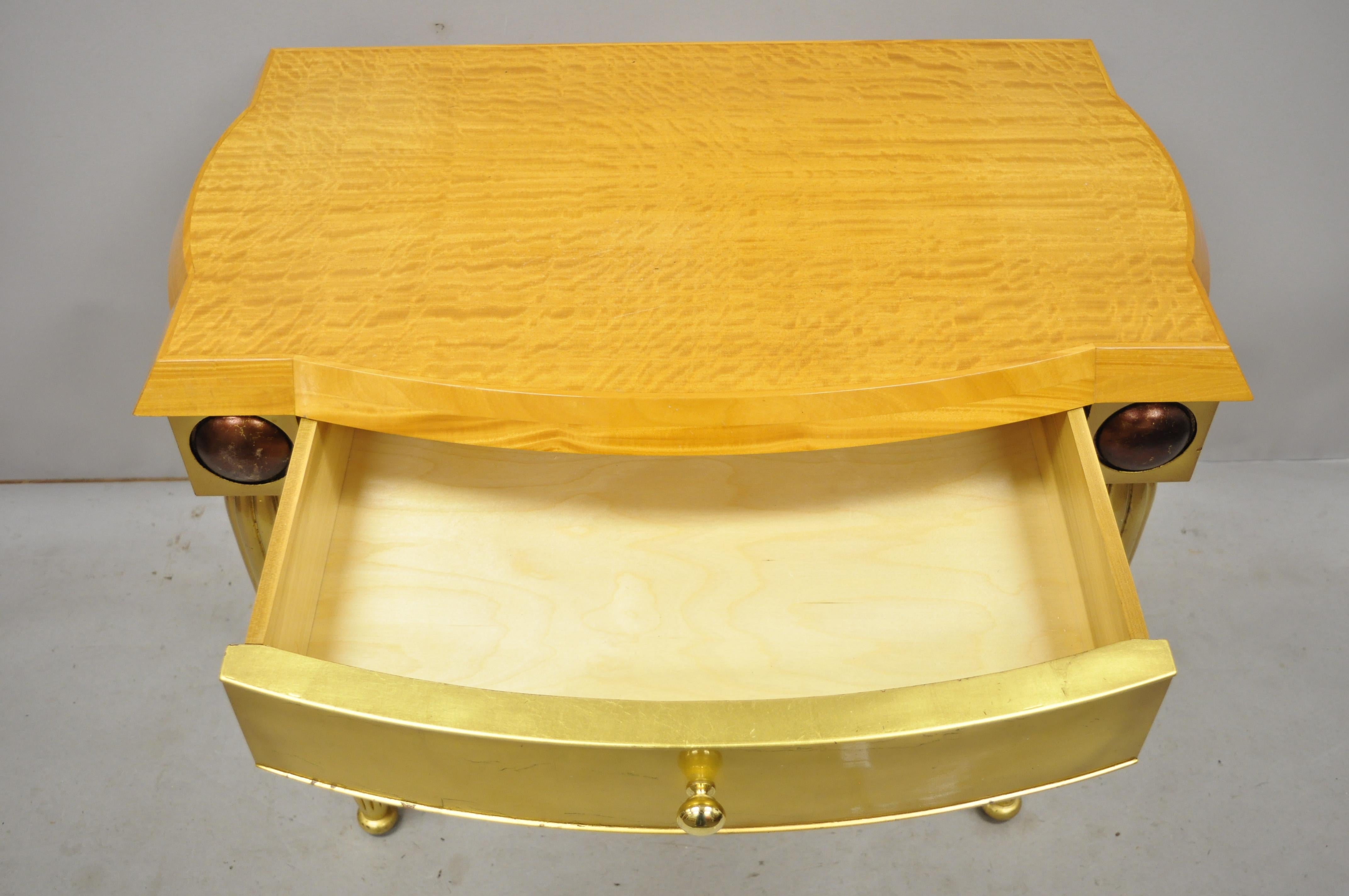 Italian Hollywood Regency Curly Maple Gold Gilt Leaf 1 Drawer Console Hall Table In Good Condition For Sale In Philadelphia, PA