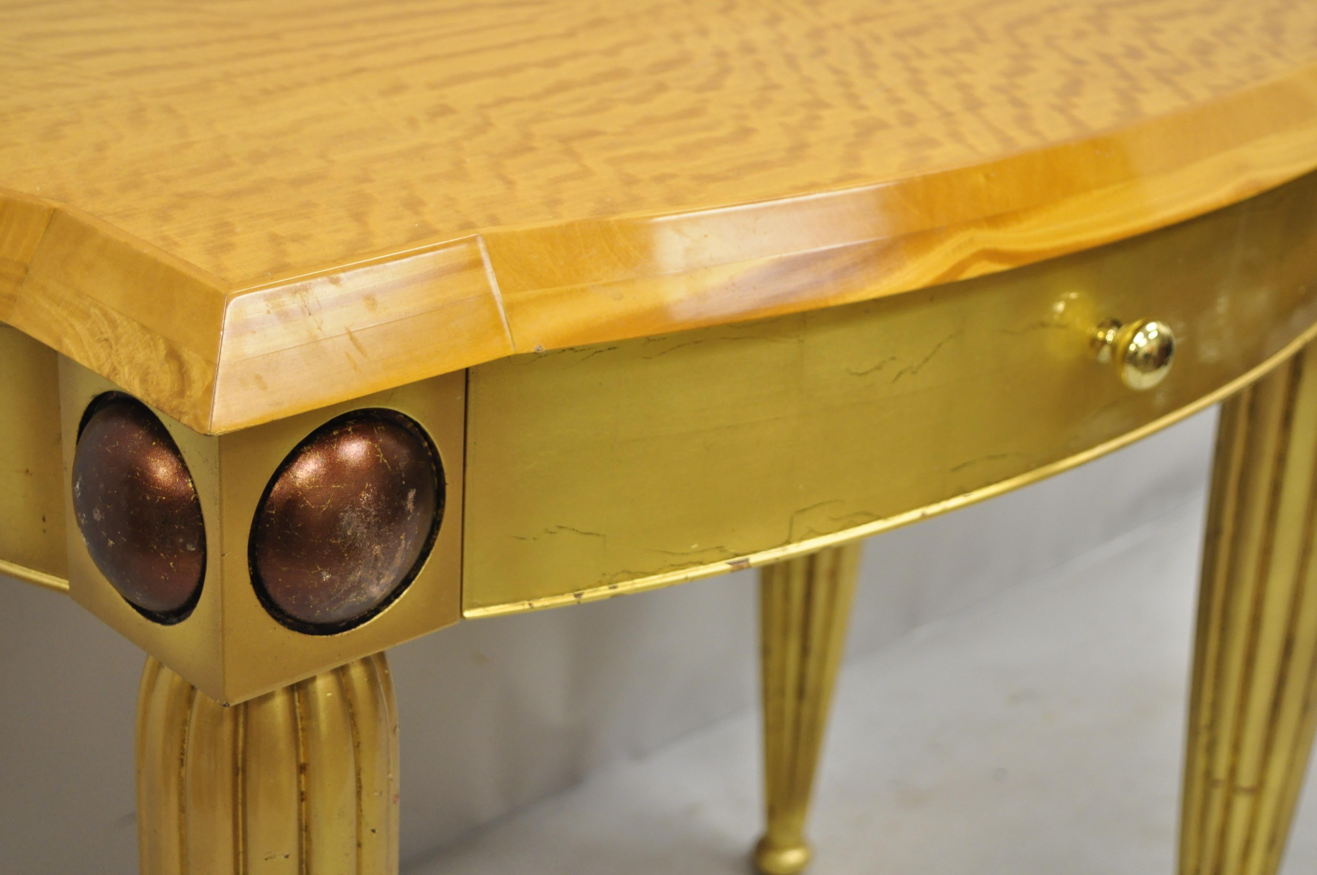 Italian Hollywood Regency Curly Maple Gold Gilt Leaf 1 Drawer Console Hall Table For Sale 5