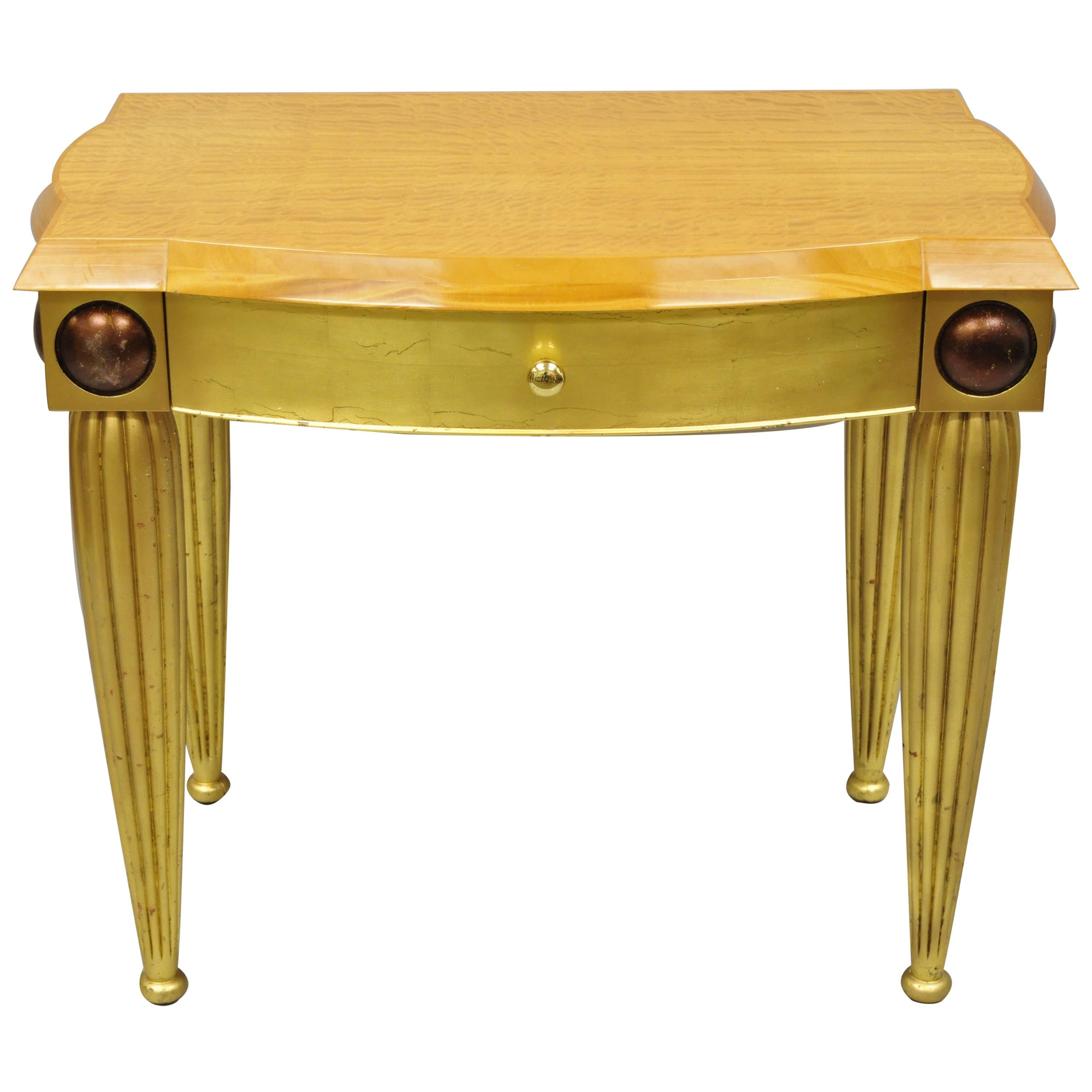 Italian Hollywood Regency Curly Maple Gold Gilt Leaf 1 Drawer Console Hall Table For Sale