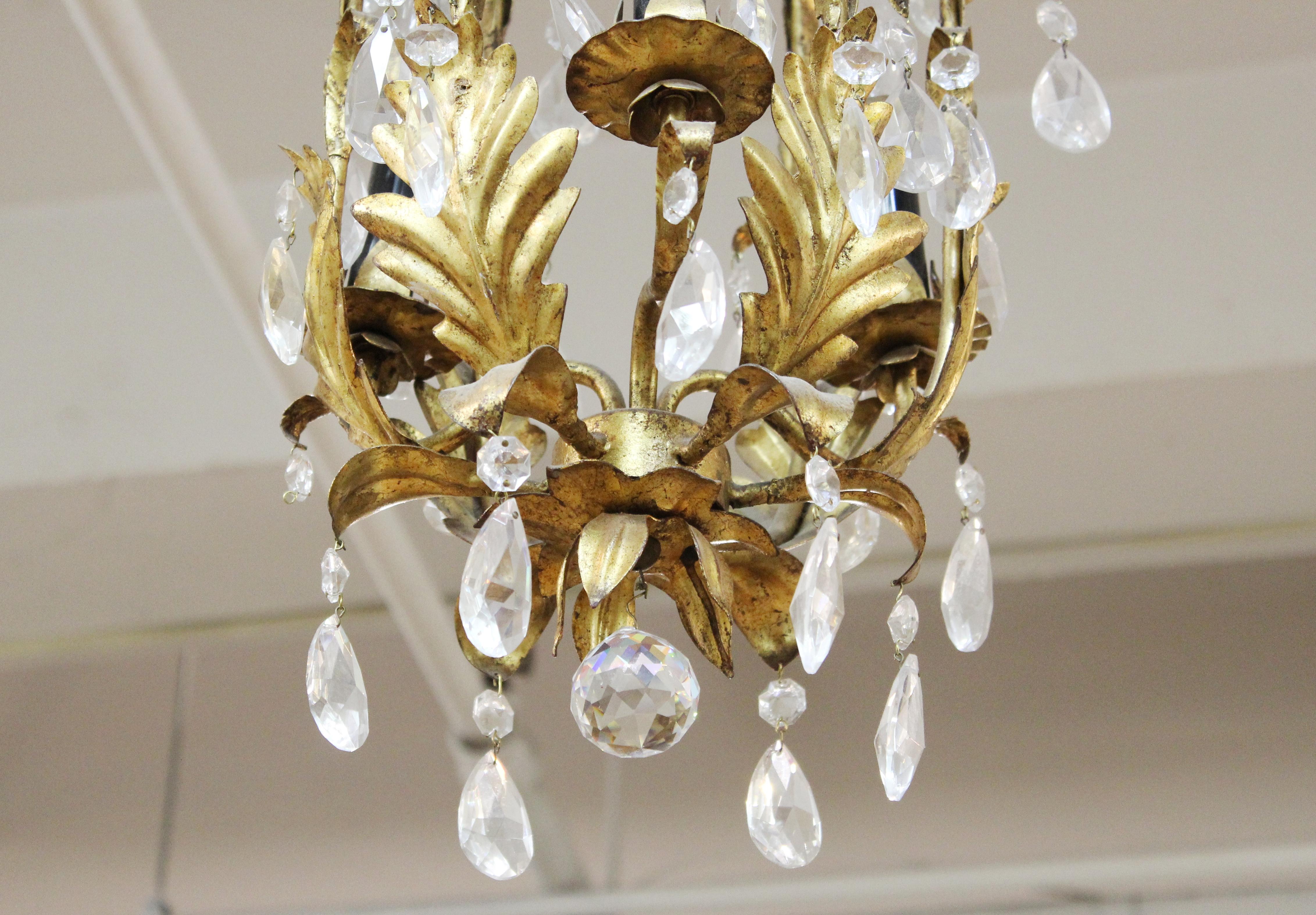 20th Century Italian Hollywood Regency Diminutive Gilt Tole Chandelier with Crystal Droplets For Sale