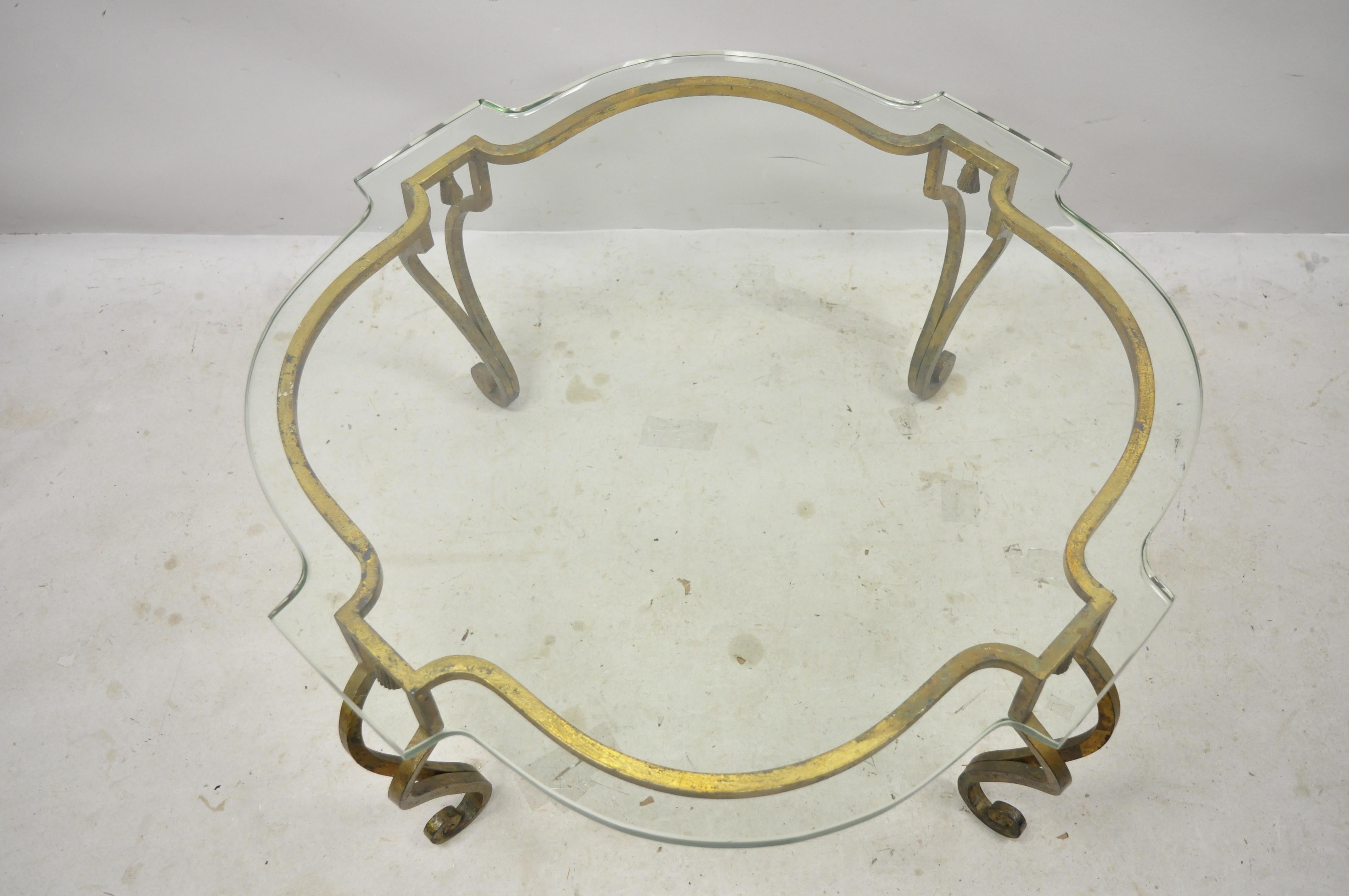 Italian Hollywood Regency Distressed Gold Gilt Iron Scalloped Glass Coffee Table For Sale 1