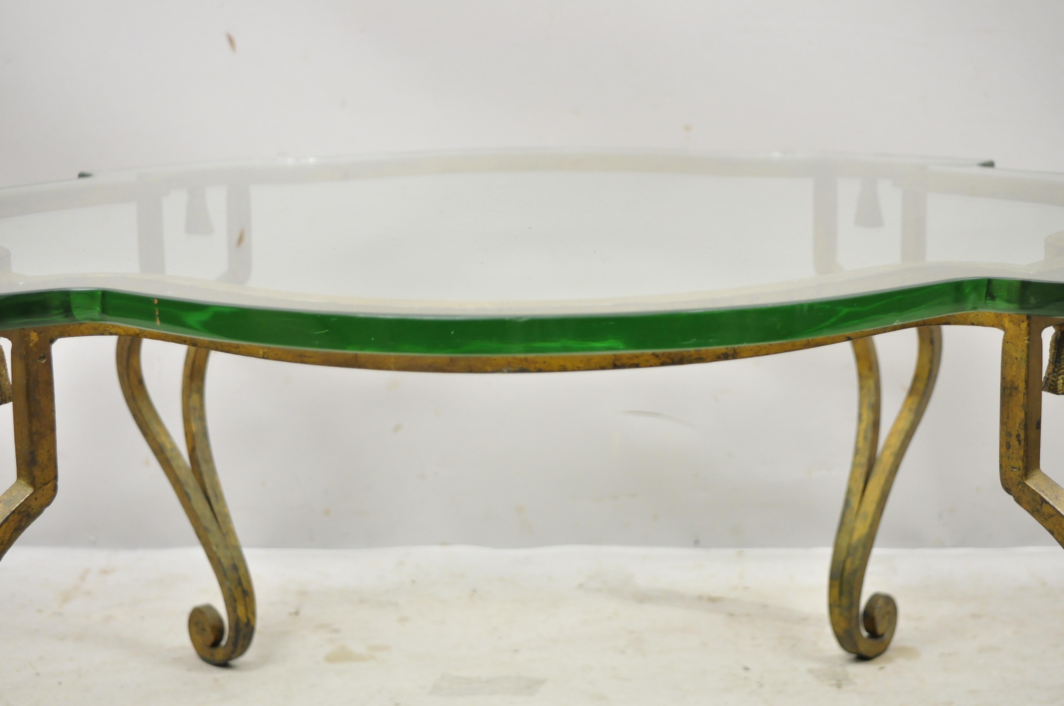 Italian Hollywood Regency Distressed Gold Gilt Iron Scalloped Glass Coffee Table For Sale 3
