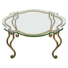Italian Hollywood Regency Distressed Gold Gilt Iron Scalloped Glass Coffee Table