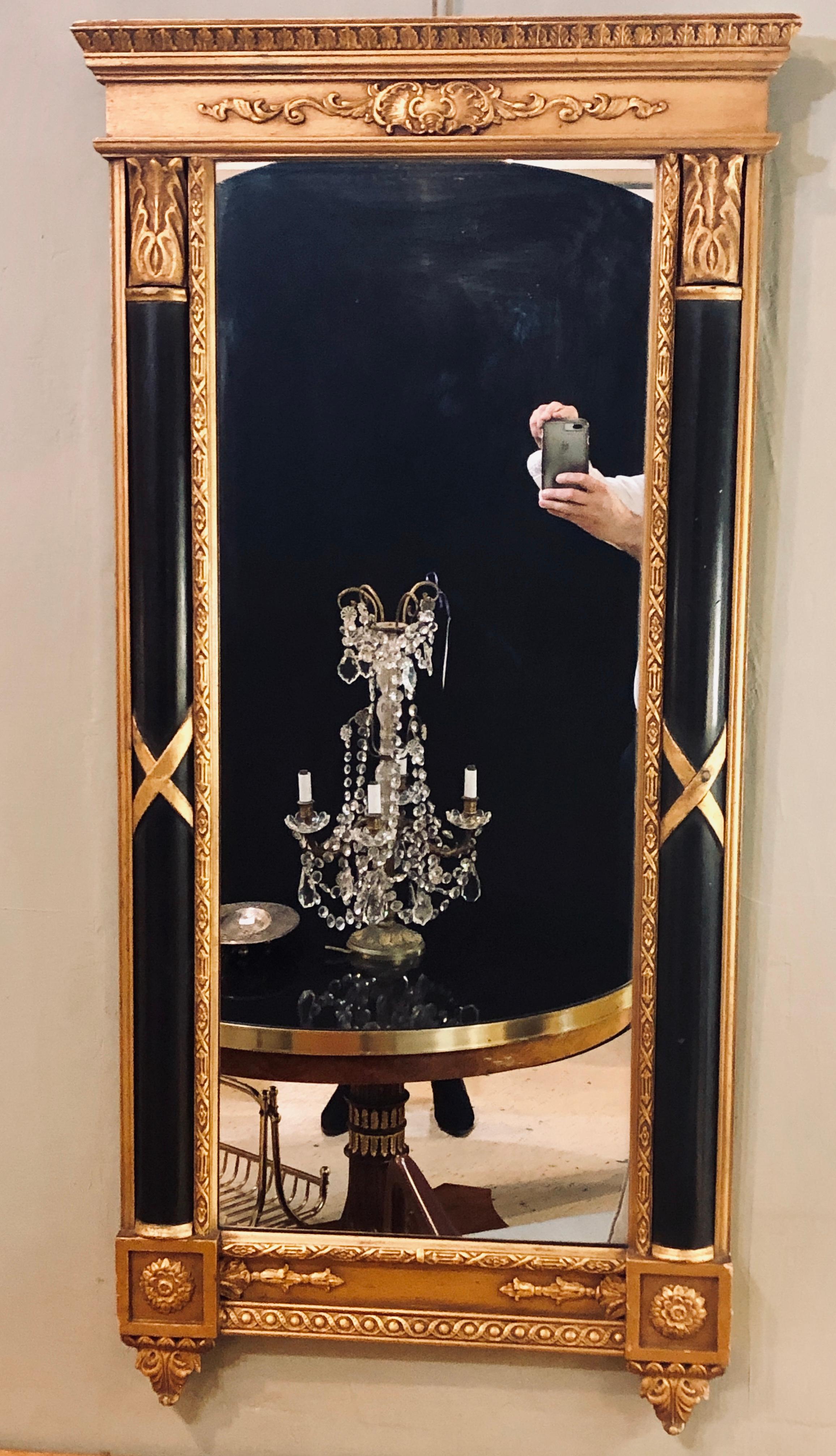 Neoclassical Italian Hollywood Regency Ebony & Gilt Decorated Wall or Console Mirror