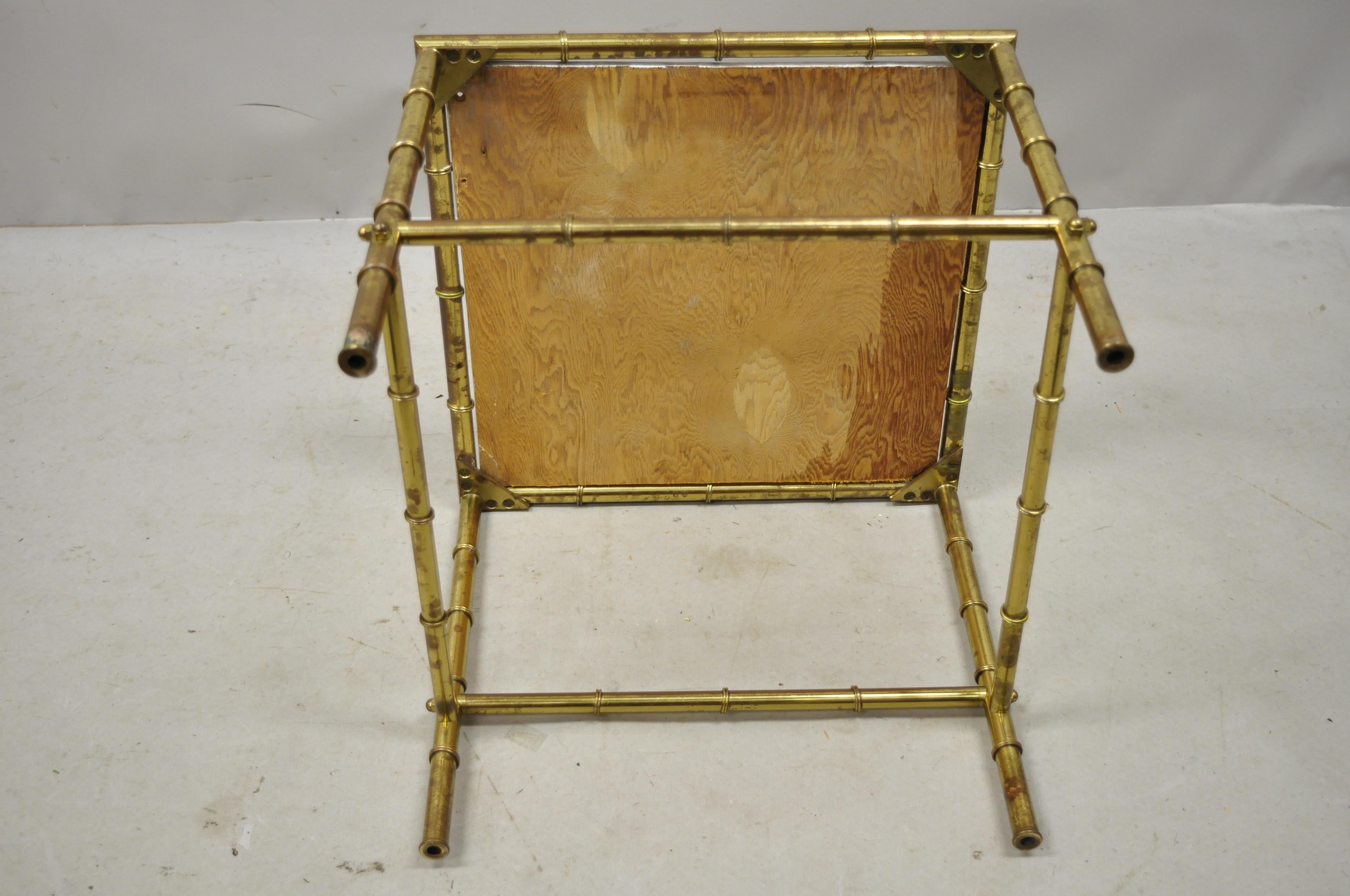 Italian Hollywood Regency Faux Bamboo Brass Tole Metal Low Square Side Table For Sale 6