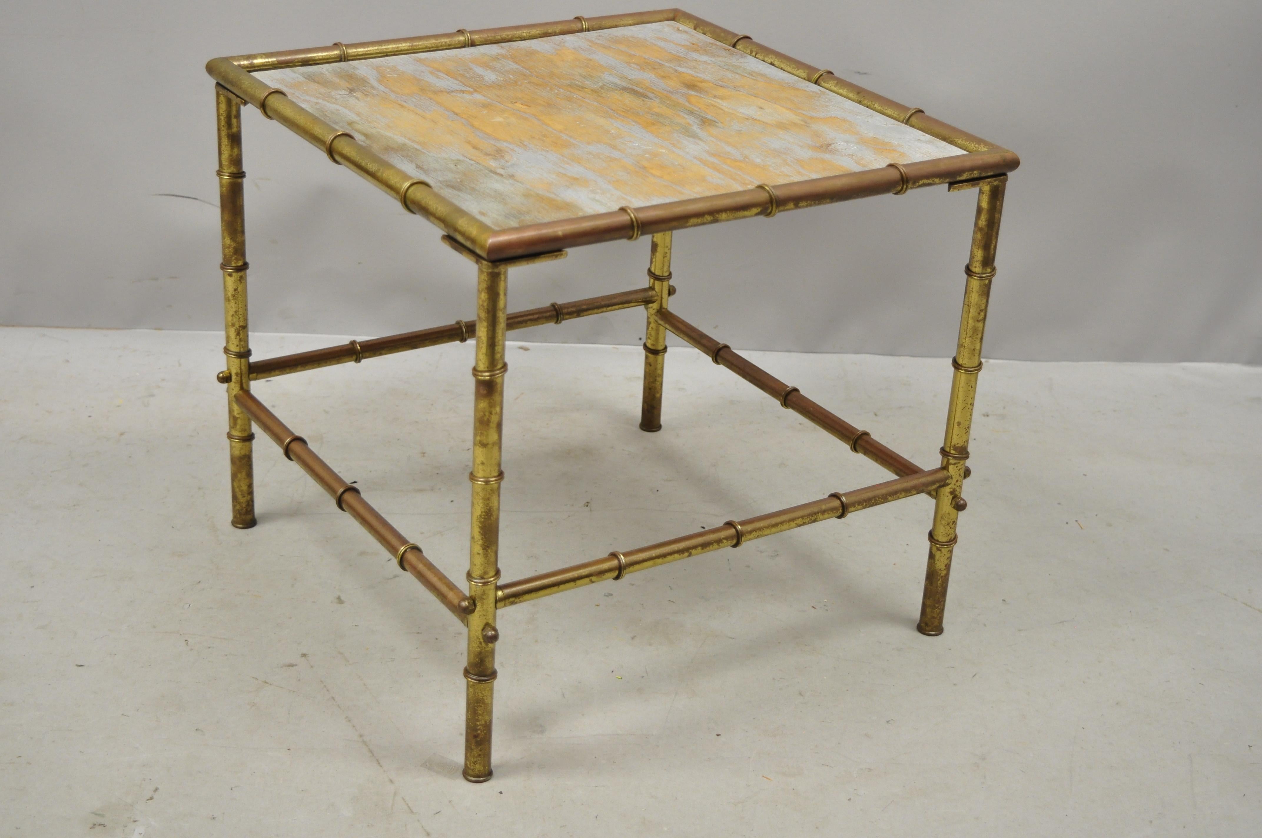 Italian Hollywood Regency faux bamboo brass tole metal low square side table, circa early to mid-20th century. Measurements: 16