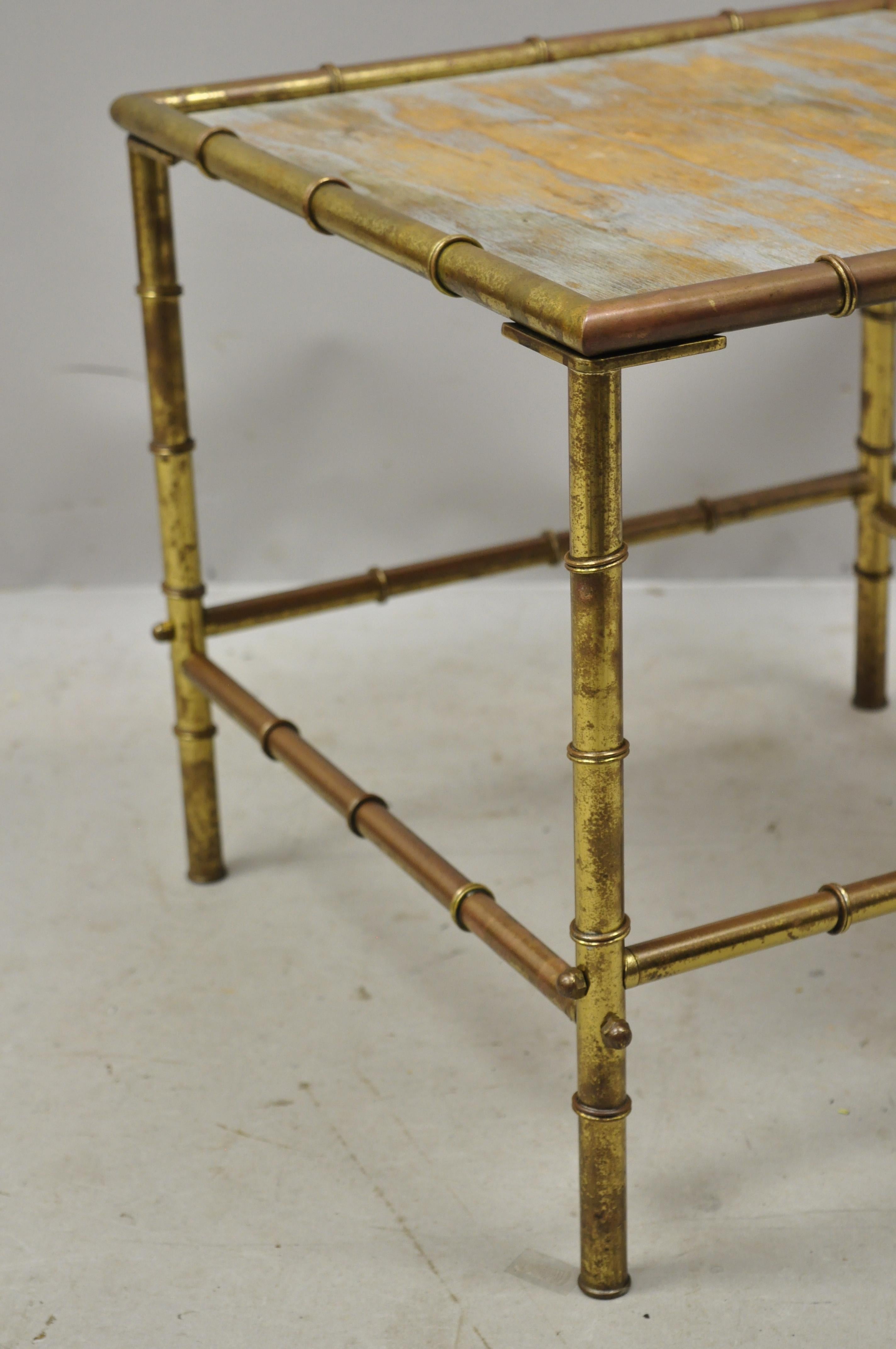 Italian Hollywood Regency Faux Bamboo Brass Tole Metal Low Square Side Table In Good Condition In Philadelphia, PA