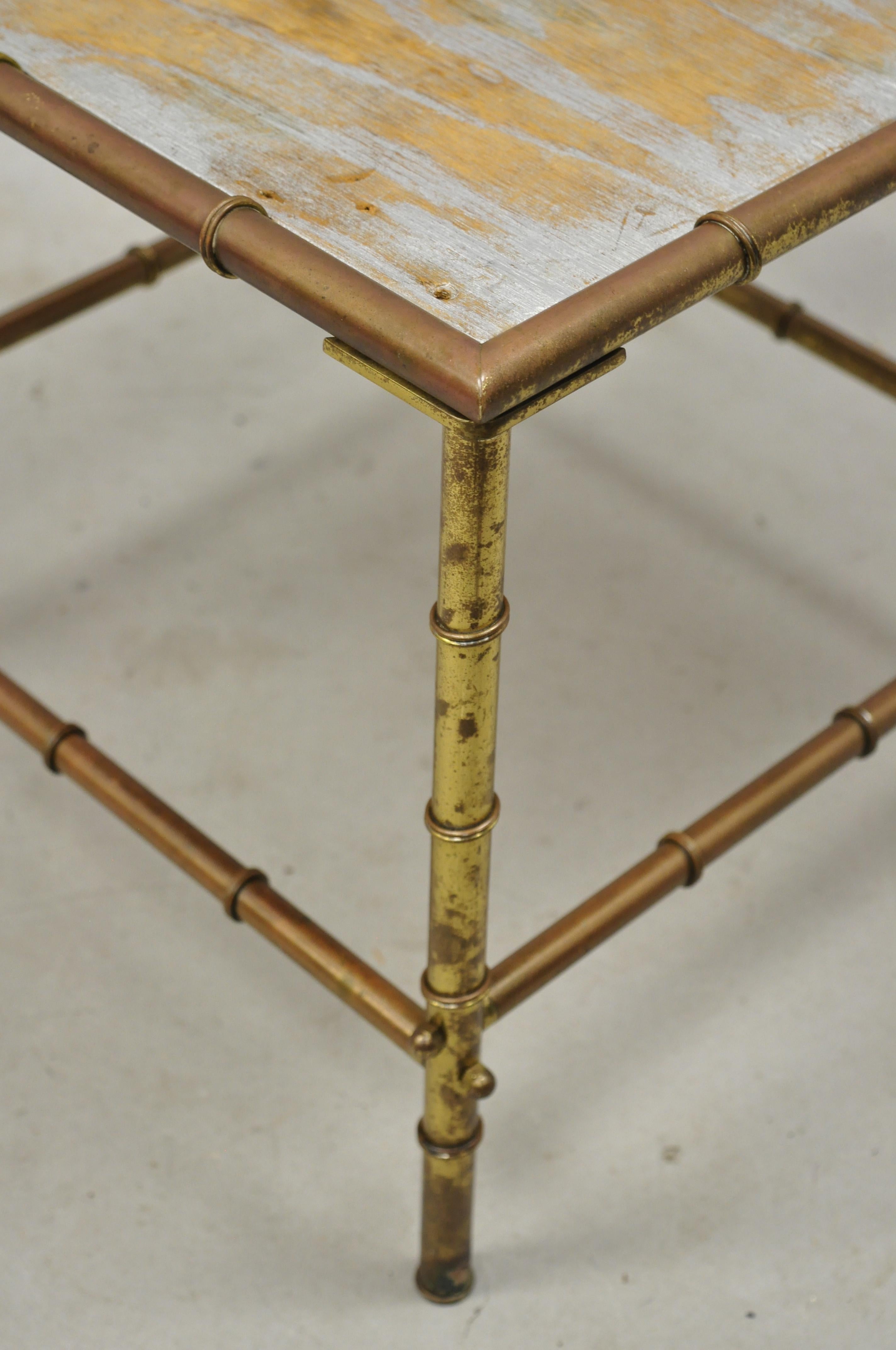 20th Century Italian Hollywood Regency Faux Bamboo Brass Tole Metal Low Square Side Table For Sale