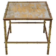 Italian Hollywood Regency Faux Bamboo Brass Tole Metal Low Square Side Table