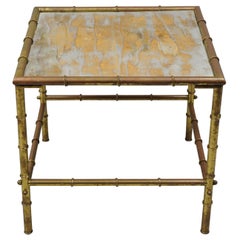 Retro Italian Hollywood Regency Faux Bamboo Brass Tole Metal Low Square Side Table