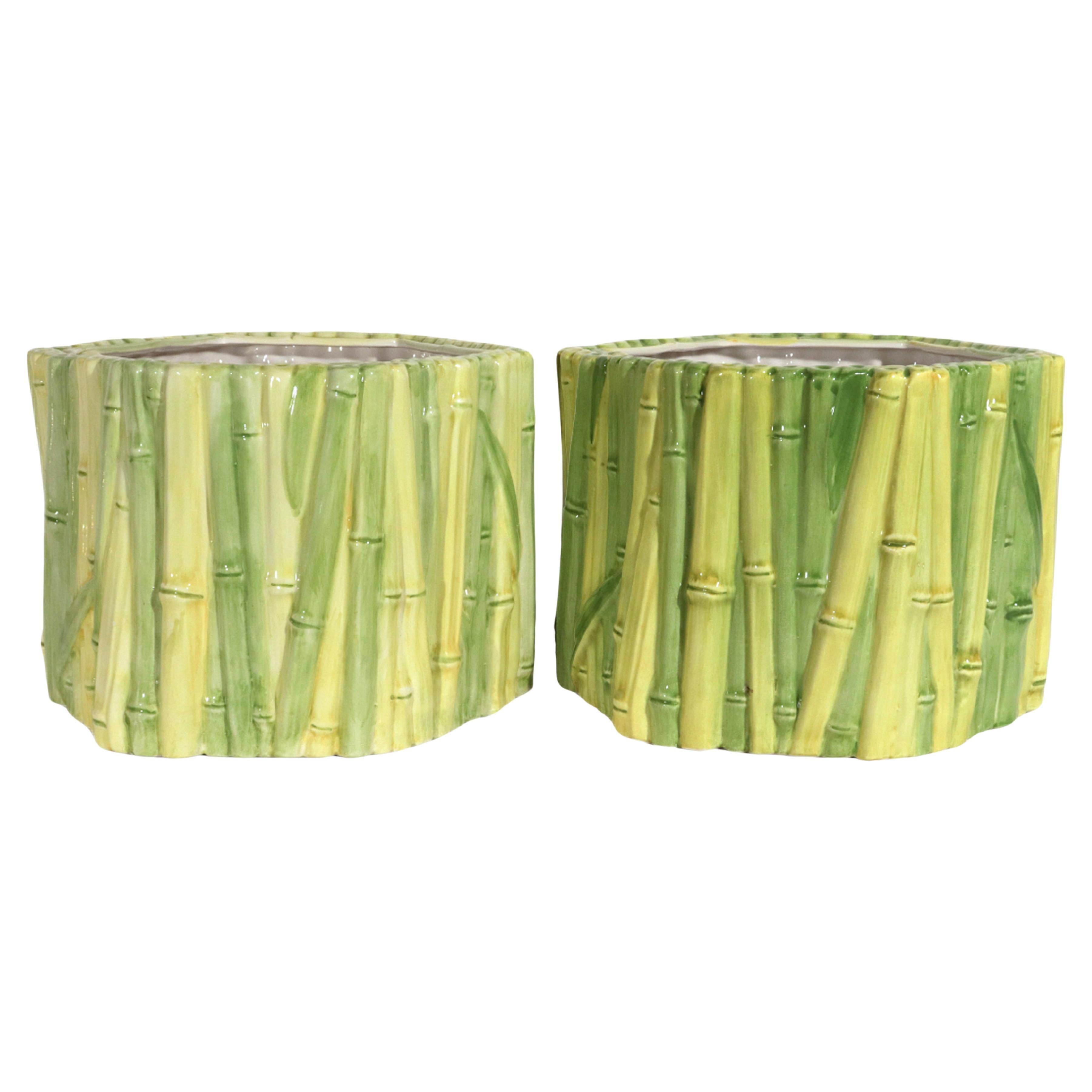 Italian Hollywood Regency Faux Bamboo ceramic Cache Pots- A Pair