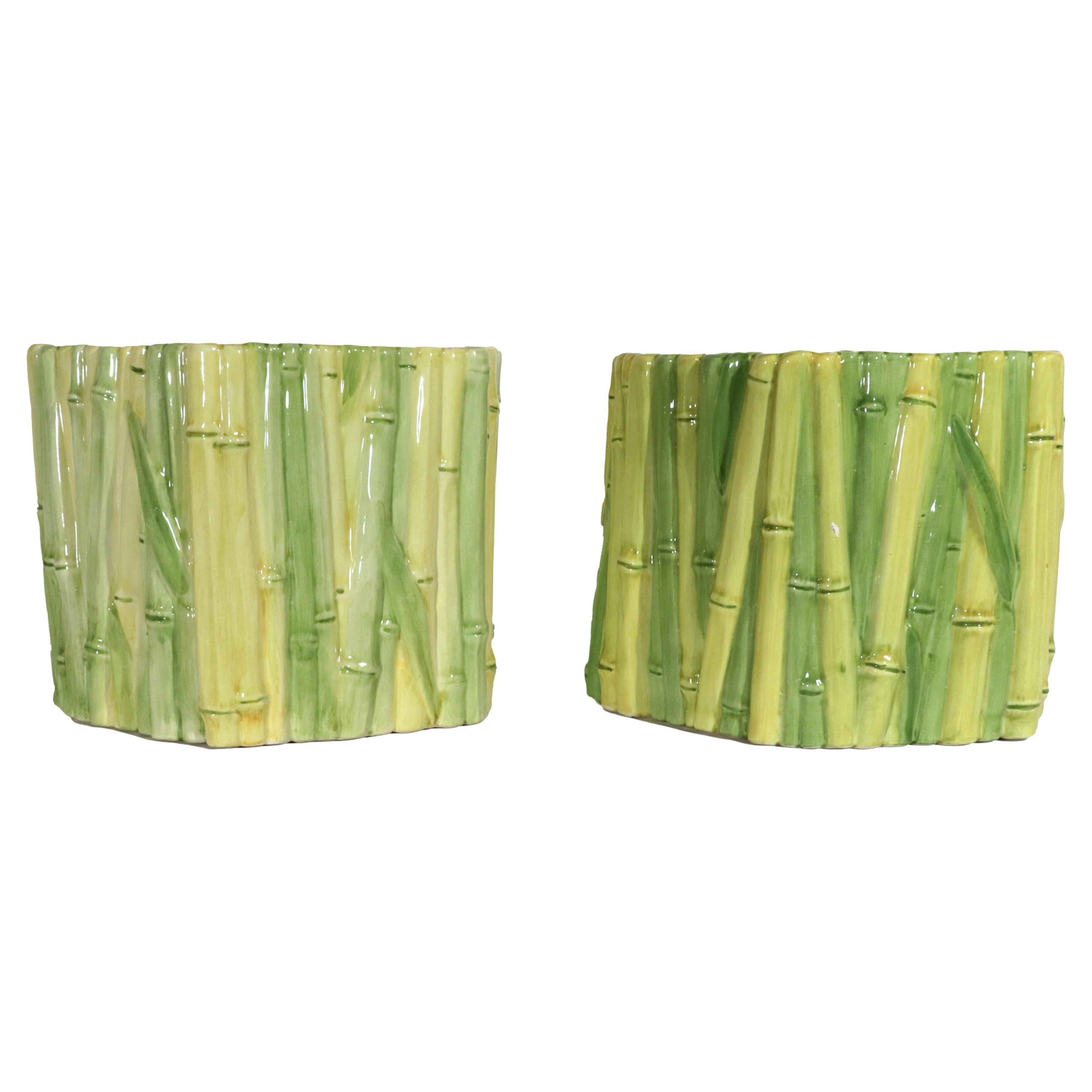 Italian Hollywood Regency Faux Bamboo Ceramic Cachepots- A Pair For Sale