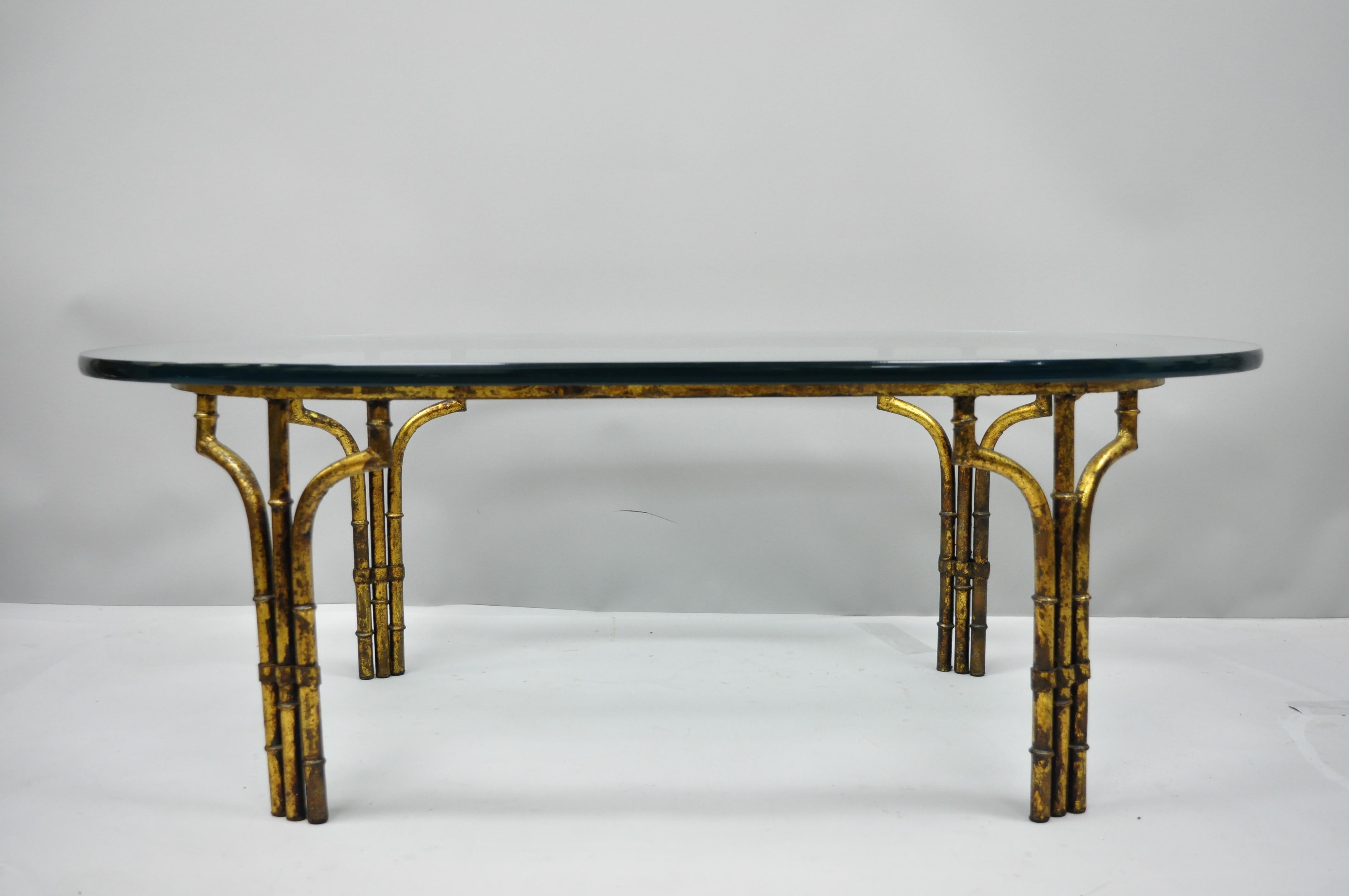 Italian Hollywood Regency Faux Bamboo Gold Gilt Metal Oval Glass Coffee Table 3