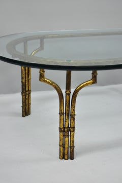 Italian Hollywood Regency Faux Bamboo Gold Gilt Metal Oval Glass Coffee Table