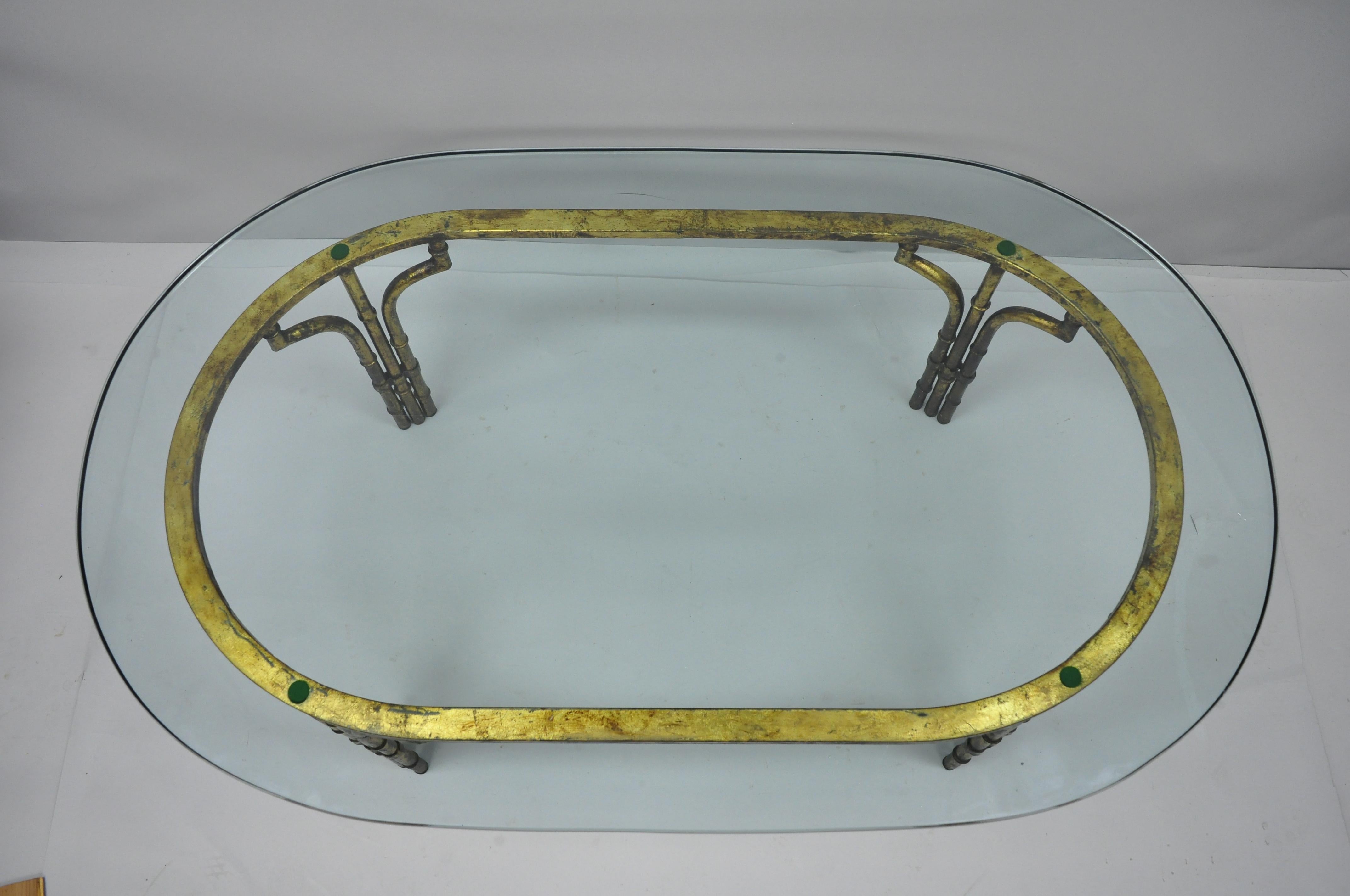 Chinese Chippendale Italian Hollywood Regency Faux Bamboo Gold Gilt Metal Oval Glass Coffee Table