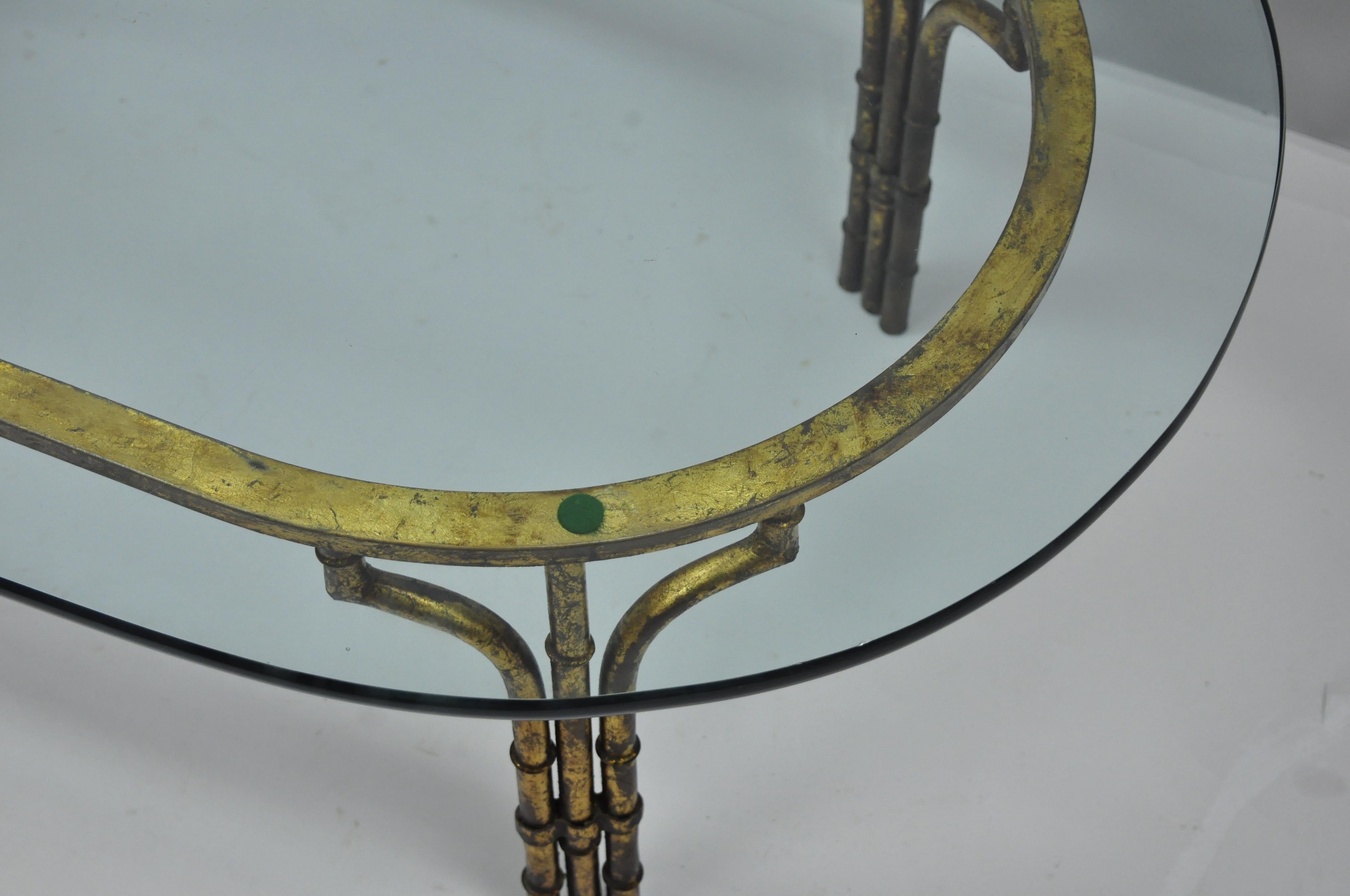 Italian Hollywood Regency Faux Bamboo Gold Gilt Metal Oval Glass Coffee Table In Good Condition In Philadelphia, PA