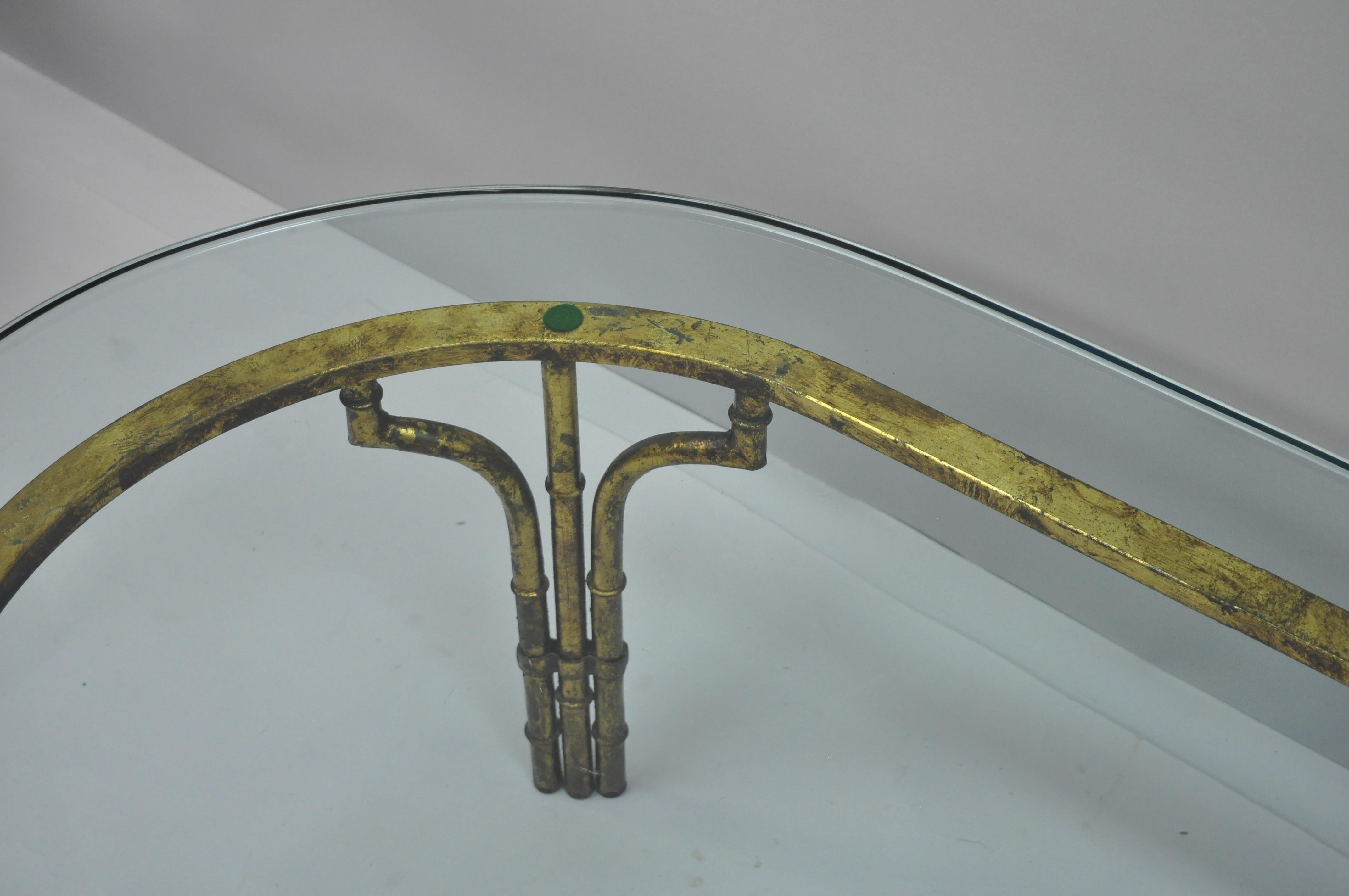 Mid-20th Century Italian Hollywood Regency Faux Bamboo Gold Gilt Metal Oval Glass Coffee Table