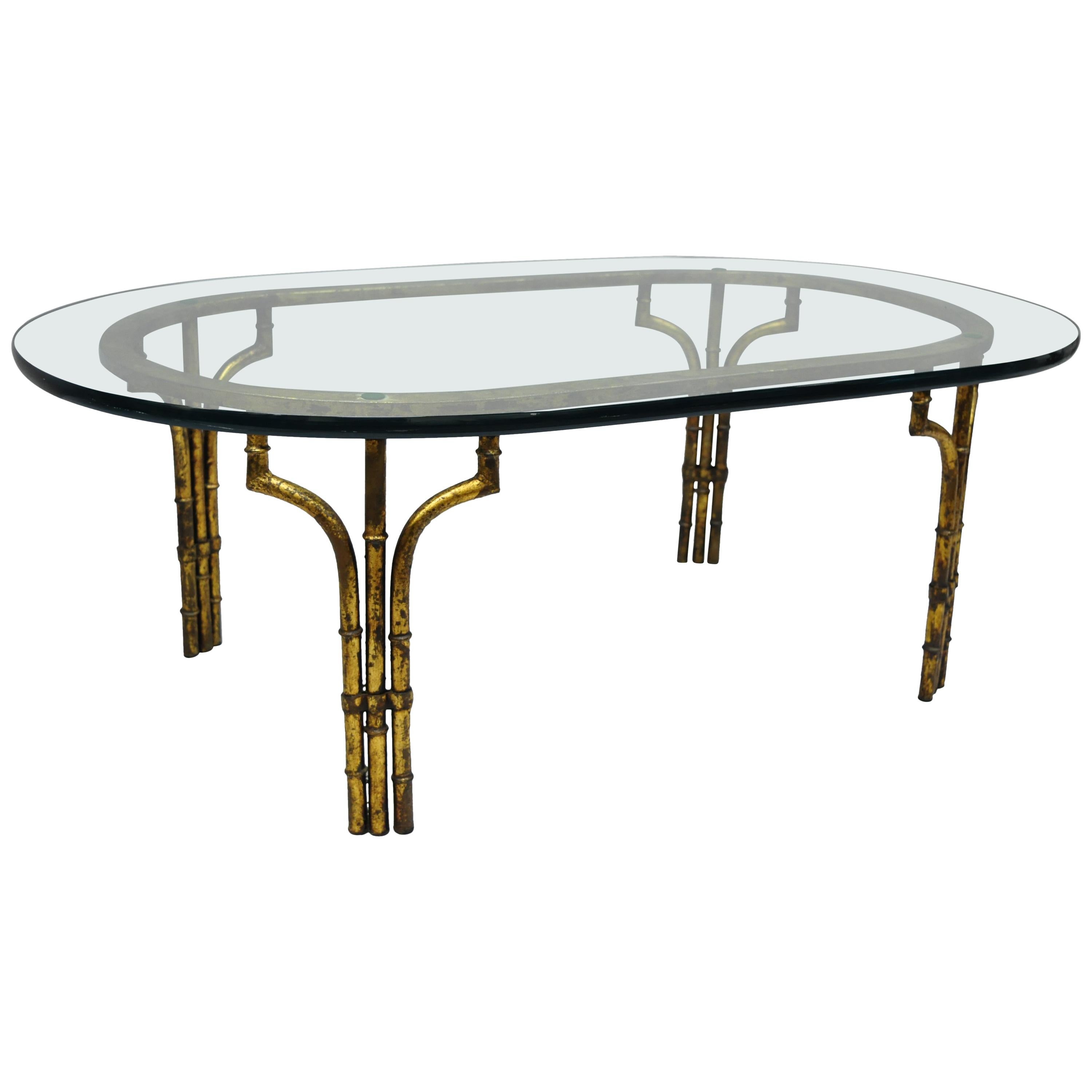 Italian Hollywood Regency Faux Bamboo Gold Gilt Metal Oval Glass Coffee Table
