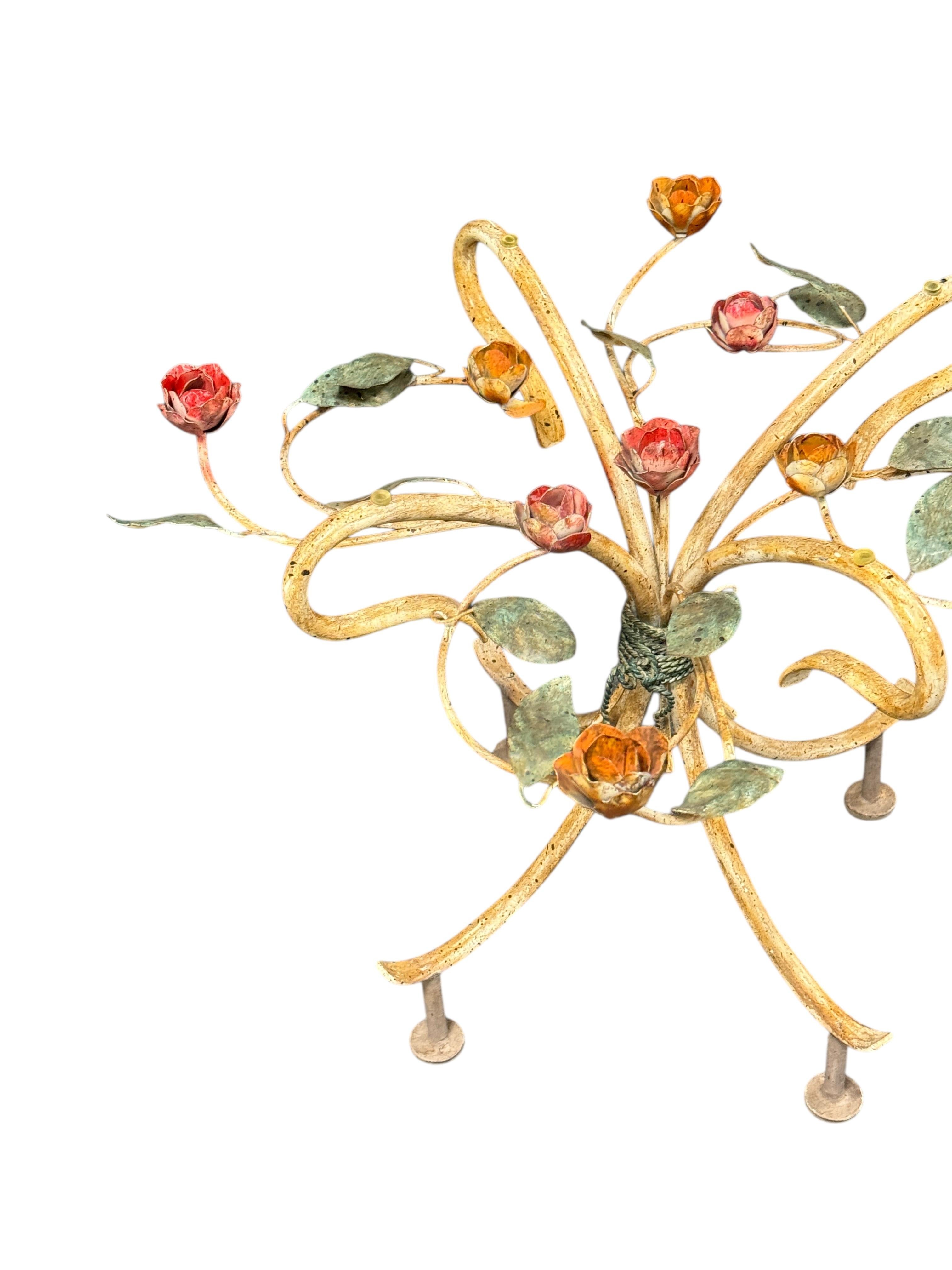 Hand-Painted Italian Hollywood Regency Florentine Rose Flower Side Table Base, 1960s For Sale