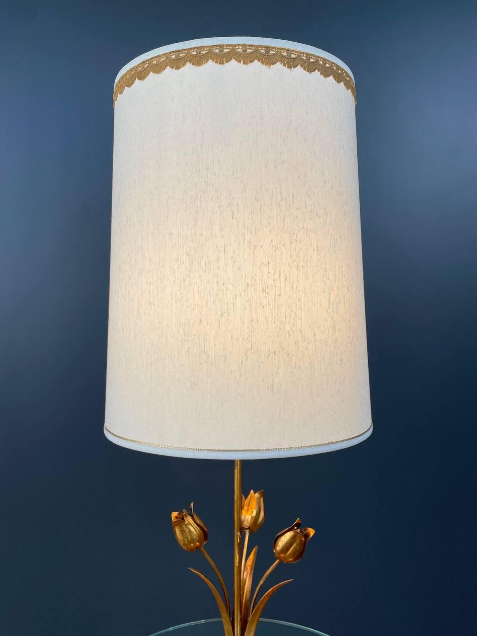 American Italian Hollywood Regency Gilt Iron Floral Floor Lamp With Circular Glass Top