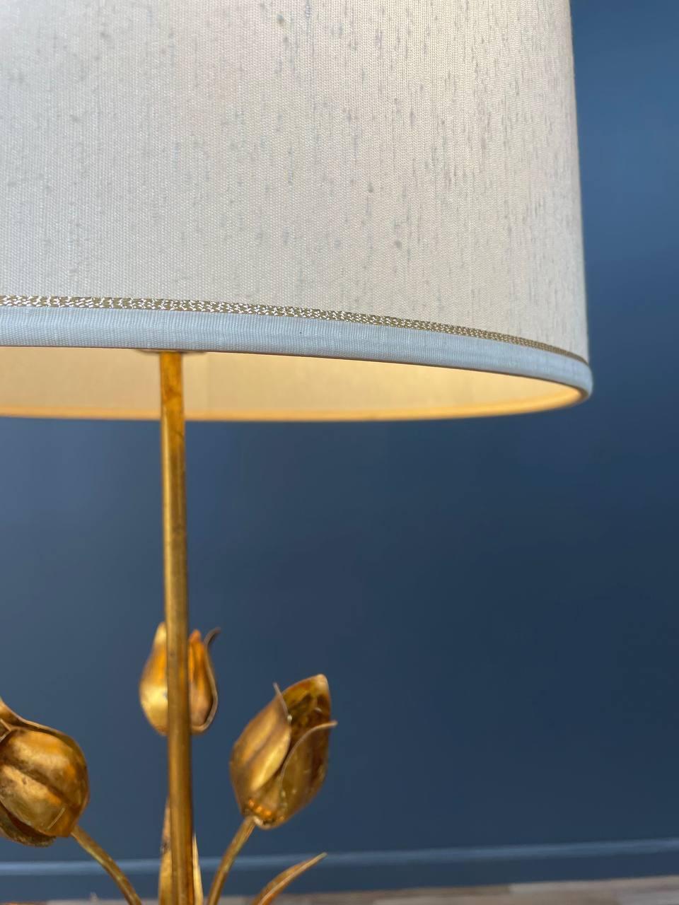 Italian Hollywood Regency Gilt Iron Floral Floor Lamp With Circular Glass Top For Sale 1