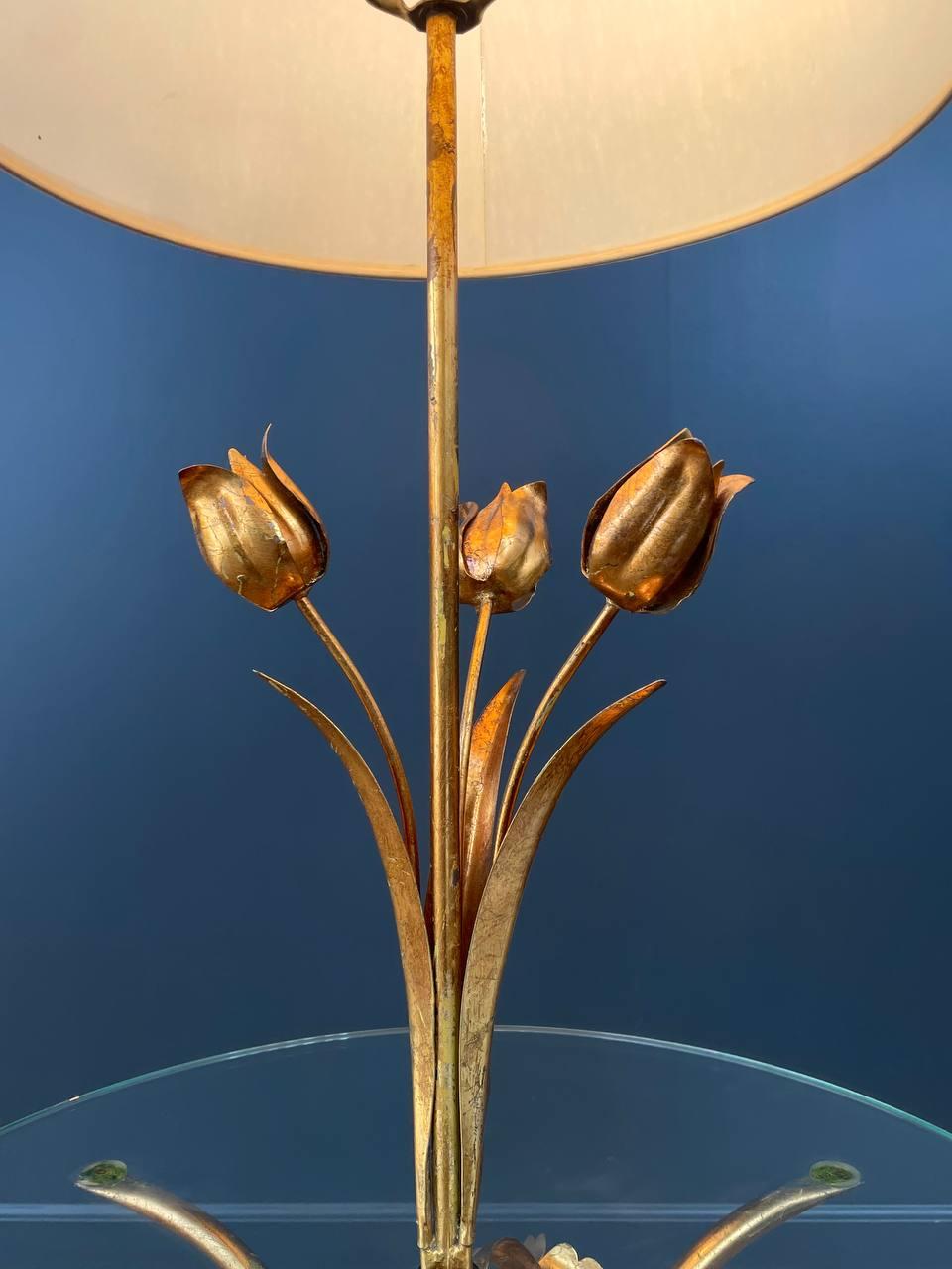 Walnut Italian Hollywood Regency Gilt Iron Floral Floor Lamp With Circular Glass Top