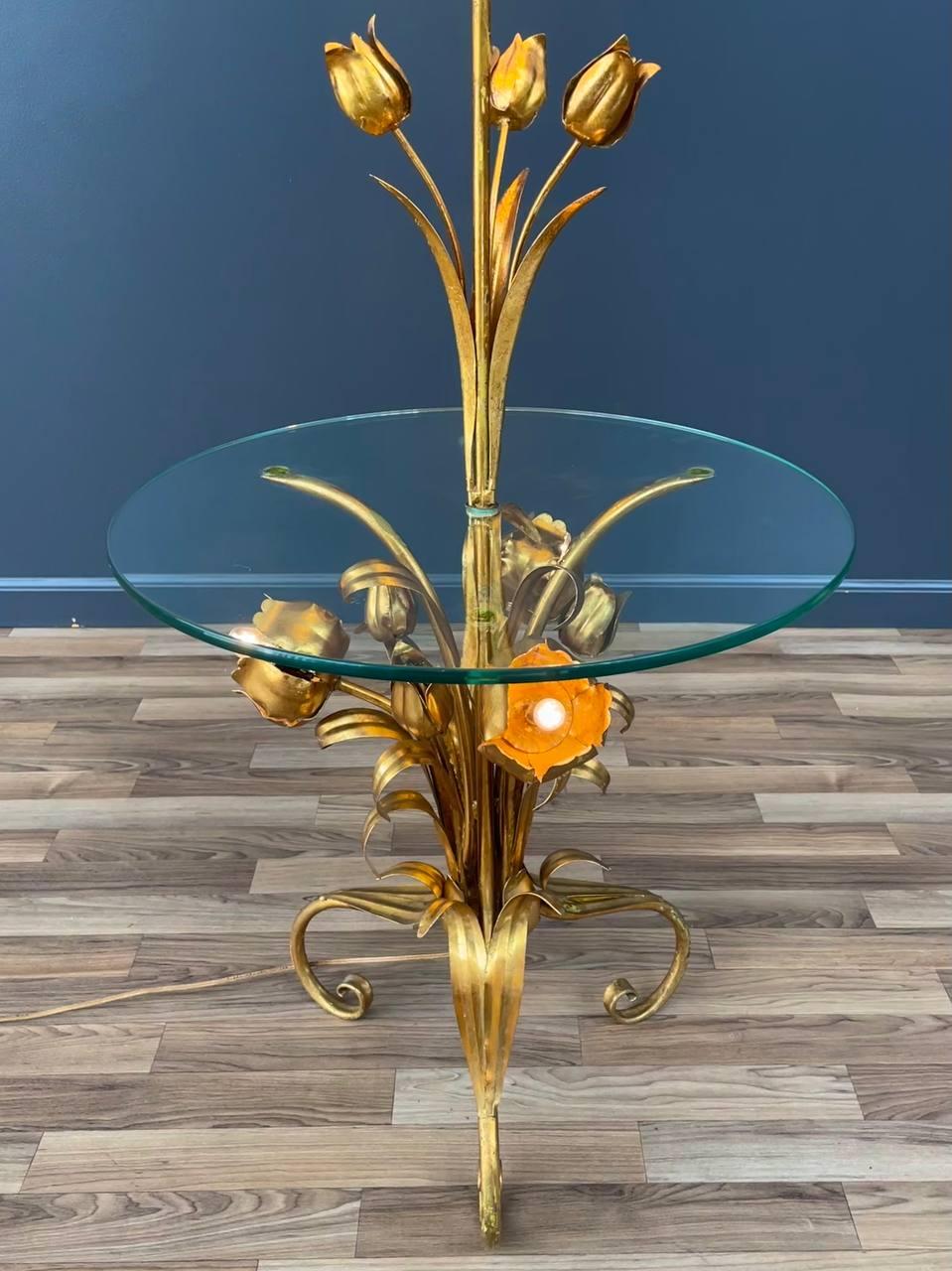 Italian Hollywood Regency Gilt Iron Floral Floor Lamp With Circular Glass Top 1
