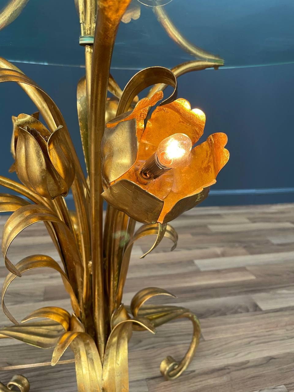 Italian Hollywood Regency Gilt Iron Floral Floor Lamp With Circular Glass Top 2