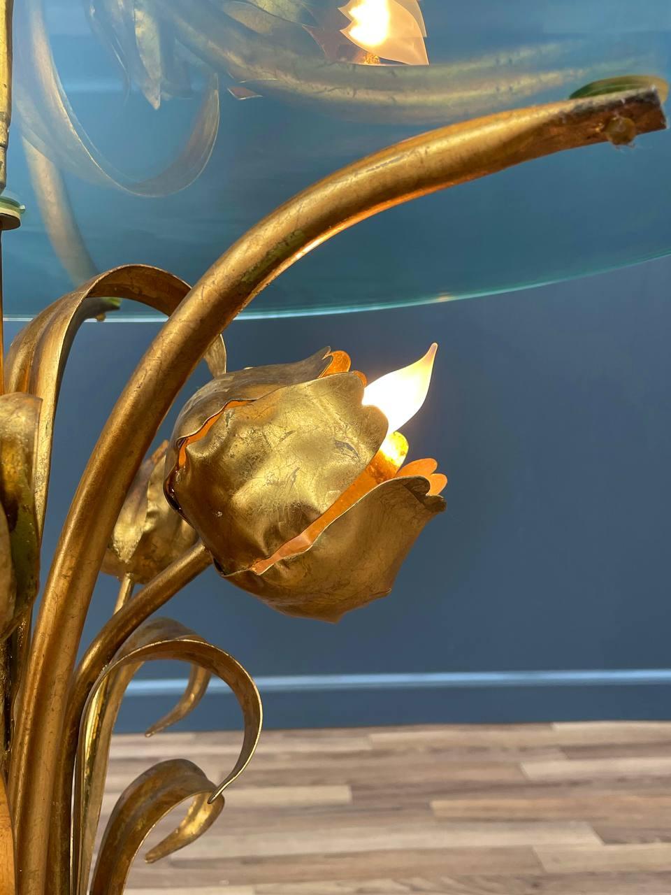 Italian Hollywood Regency Gilt Iron Floral Floor Lamp With Circular Glass Top For Sale 4