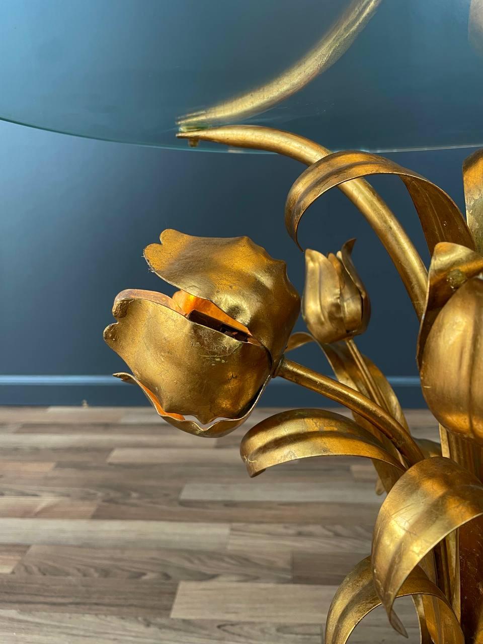 Italian Hollywood Regency Gilt Iron Floral Floor Lamp With Circular Glass Top 3