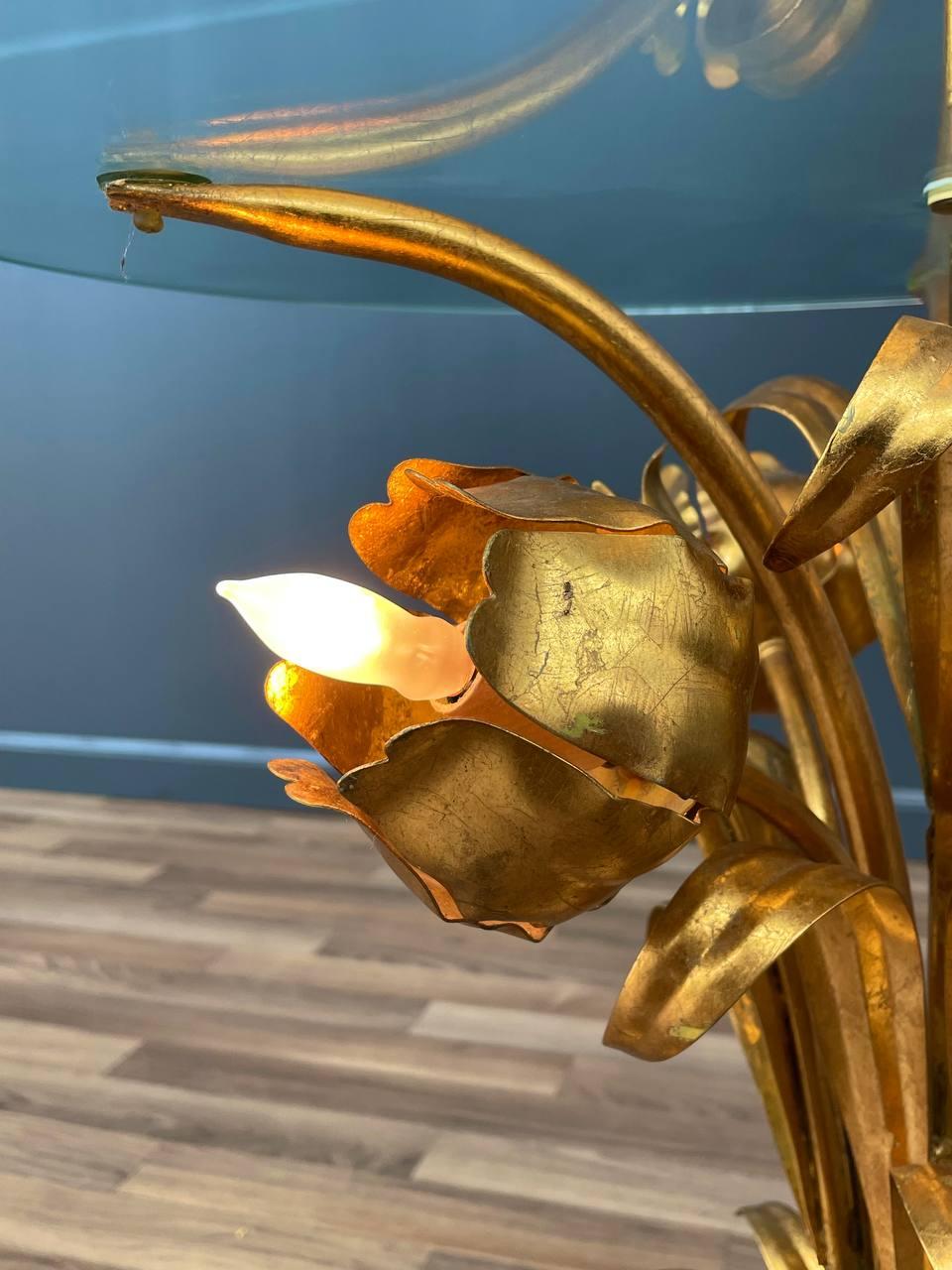 Italian Hollywood Regency Gilt Iron Floral Floor Lamp With Circular Glass Top For Sale 5