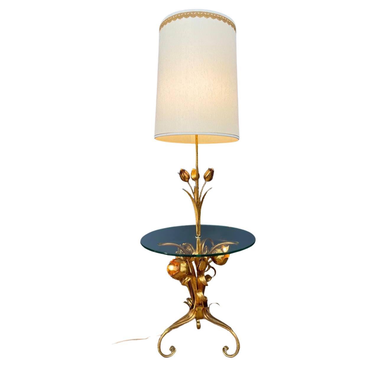 Italian Hollywood Regency Gilt Iron Floral Floor Lamp With Circular Glass Top For Sale