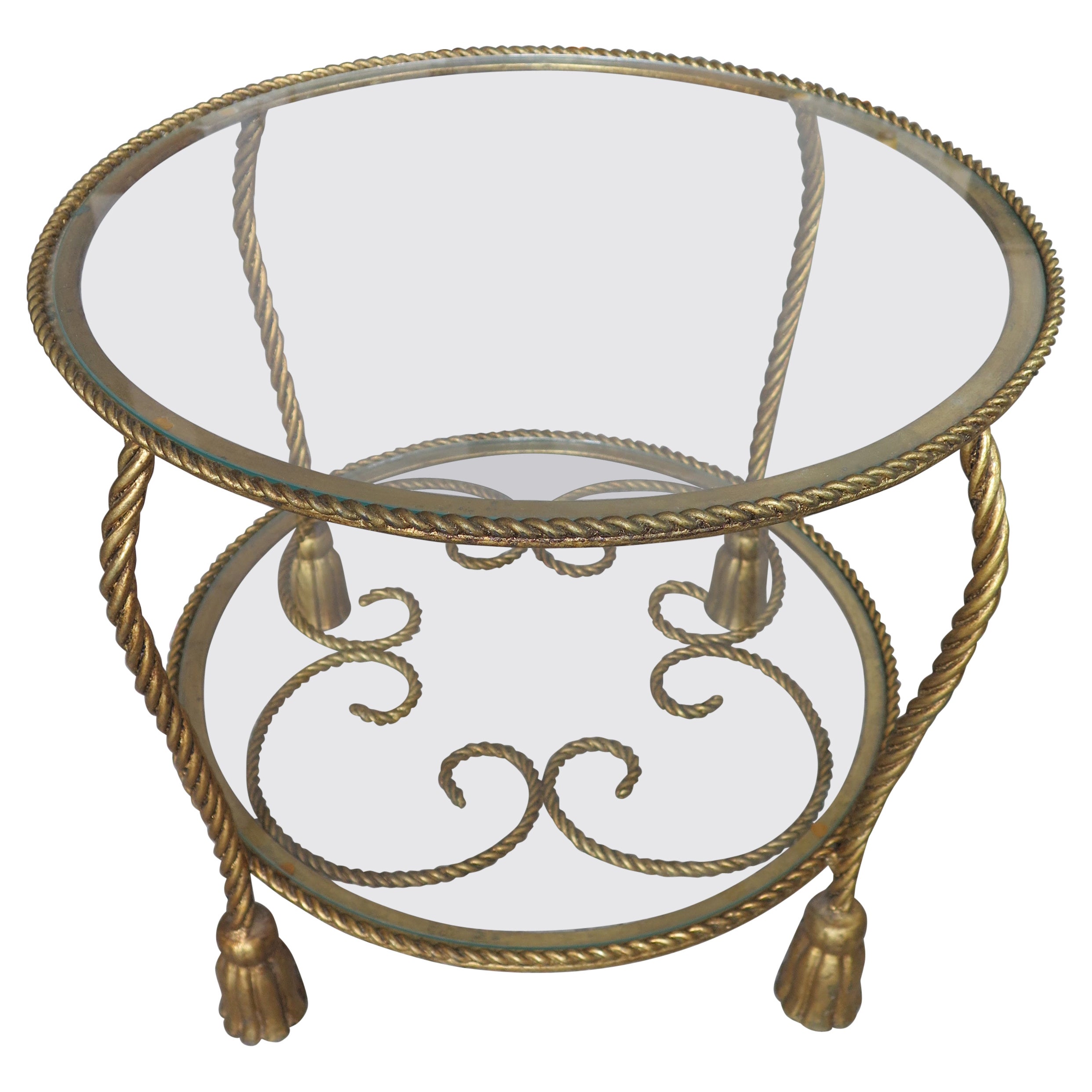 Tavolo Hollywood Regency italiano in metallo dorato e nappe