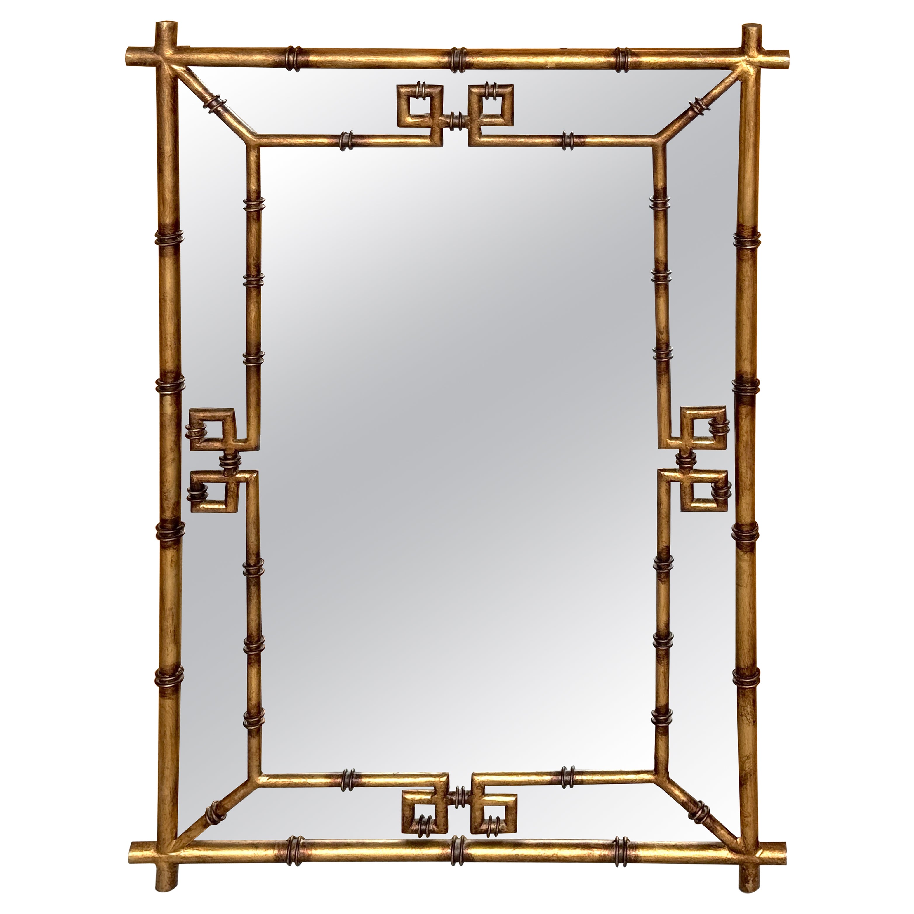 Espejo de llave griega italiano Hollywood Regency de metal dorado imitación bambú