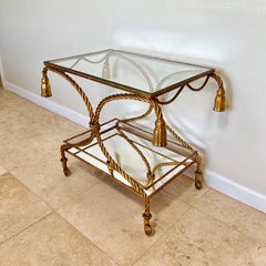 Italian Hollywood Regency Gilt Metal Rope and Tassel Bar Cart