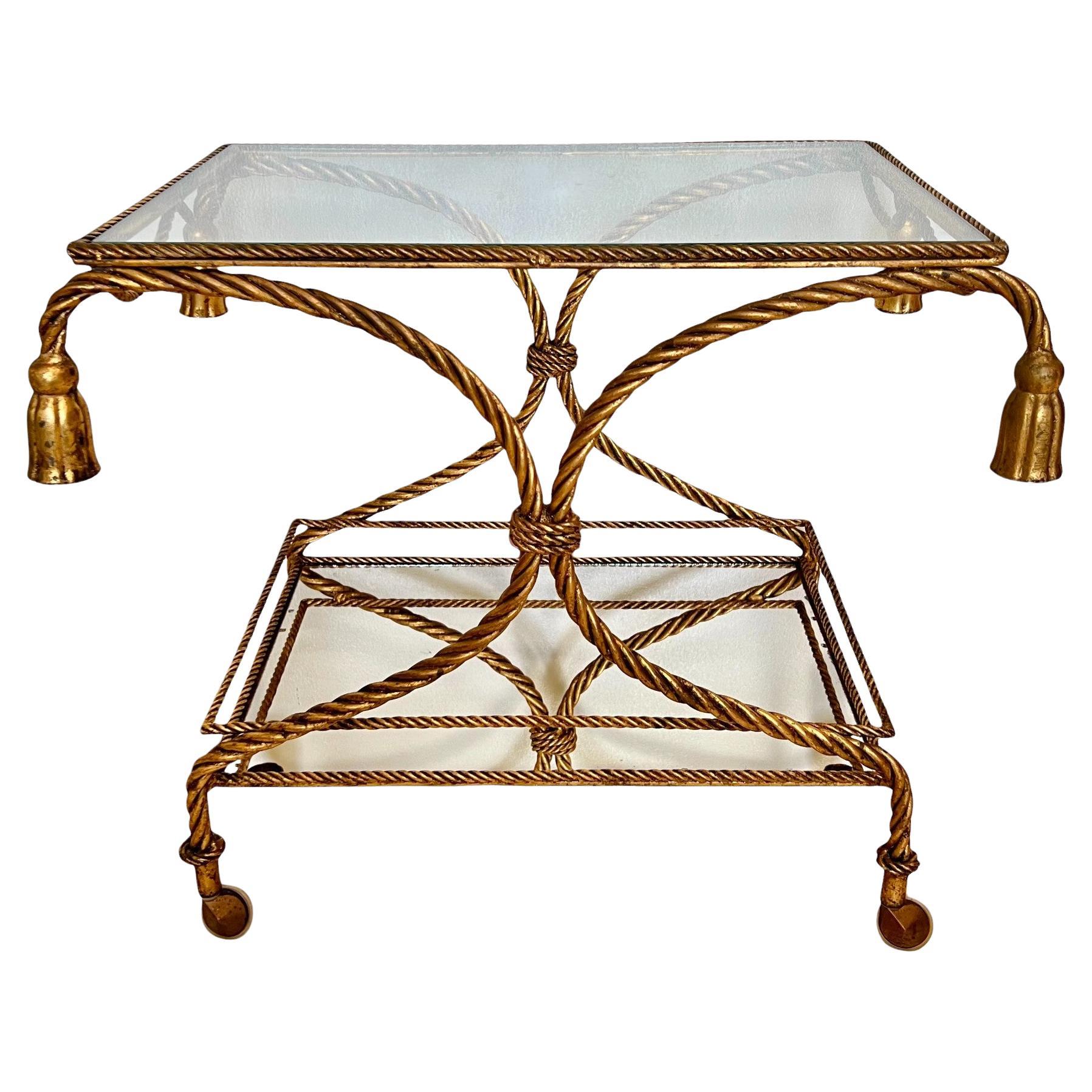 Italienischer Hollywood-Regency-Barwagen aus vergoldetem Metall mit Seil und Quaste