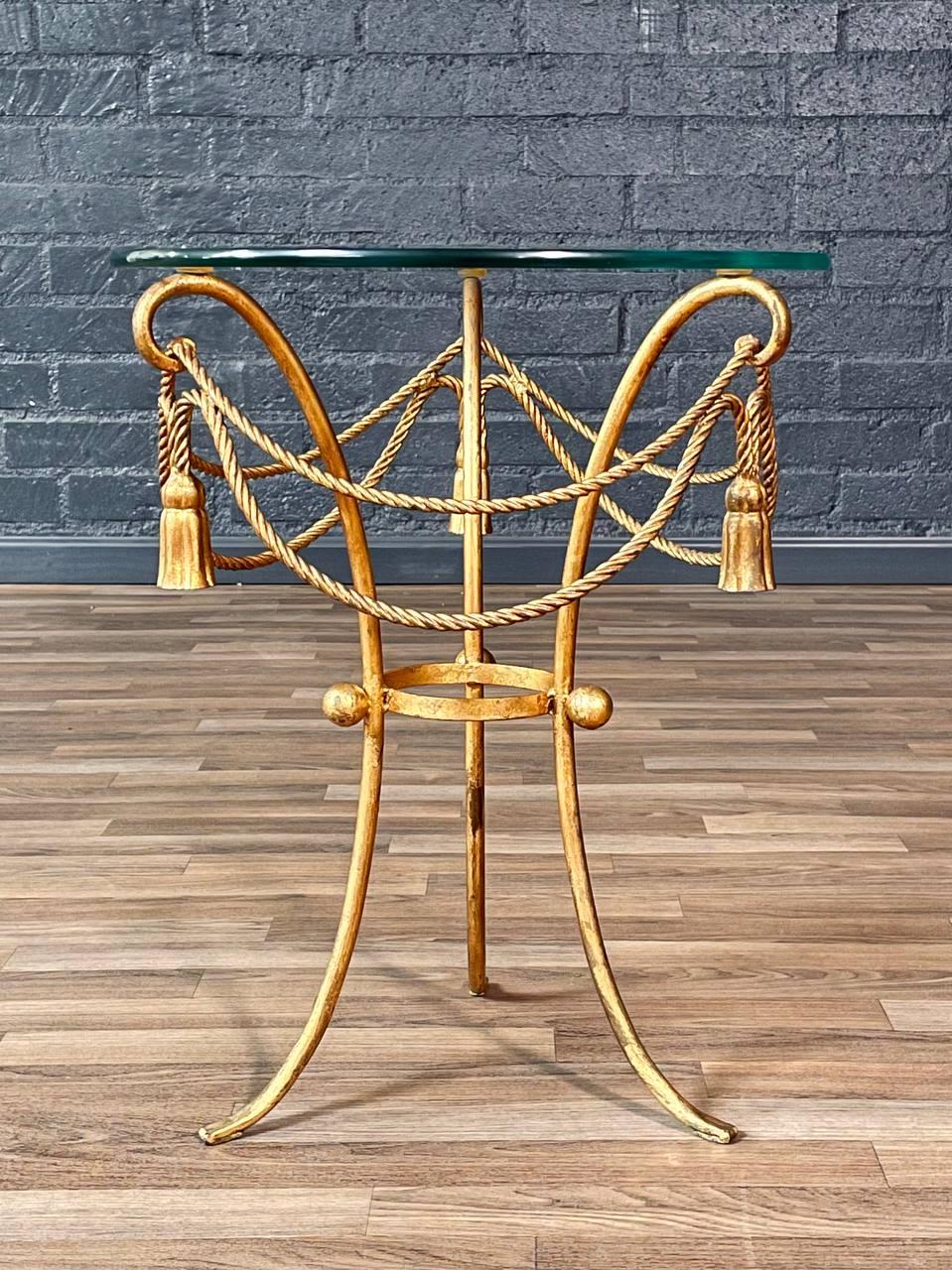 Mid-20th Century Italian Hollywood Regency Gilt Metal Rope & Tassel Side Table w/ Glass Top For Sale