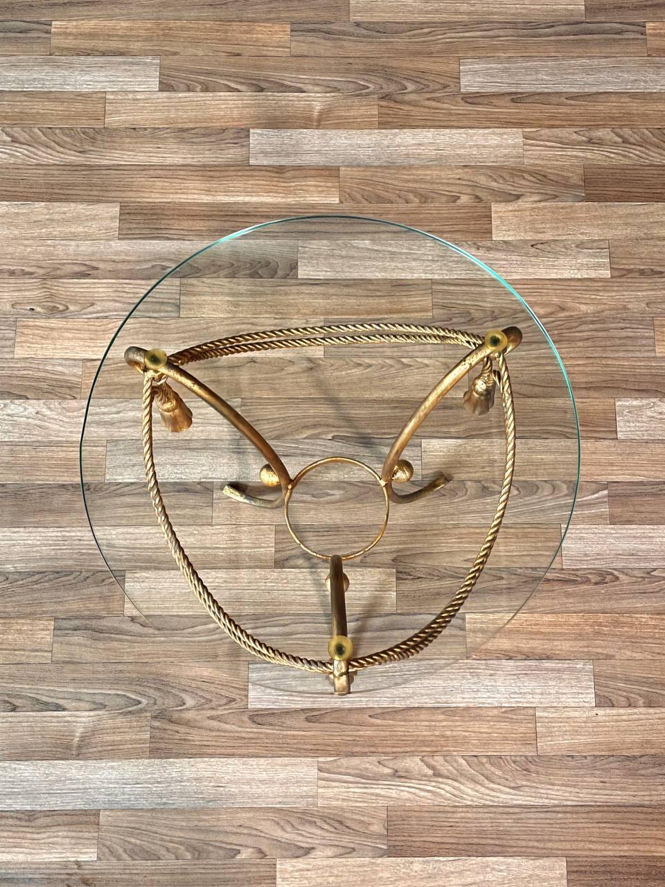 Italian Hollywood Regency Gilt Metal Rope & Tassel Side Table w/ Glass Top For Sale 1