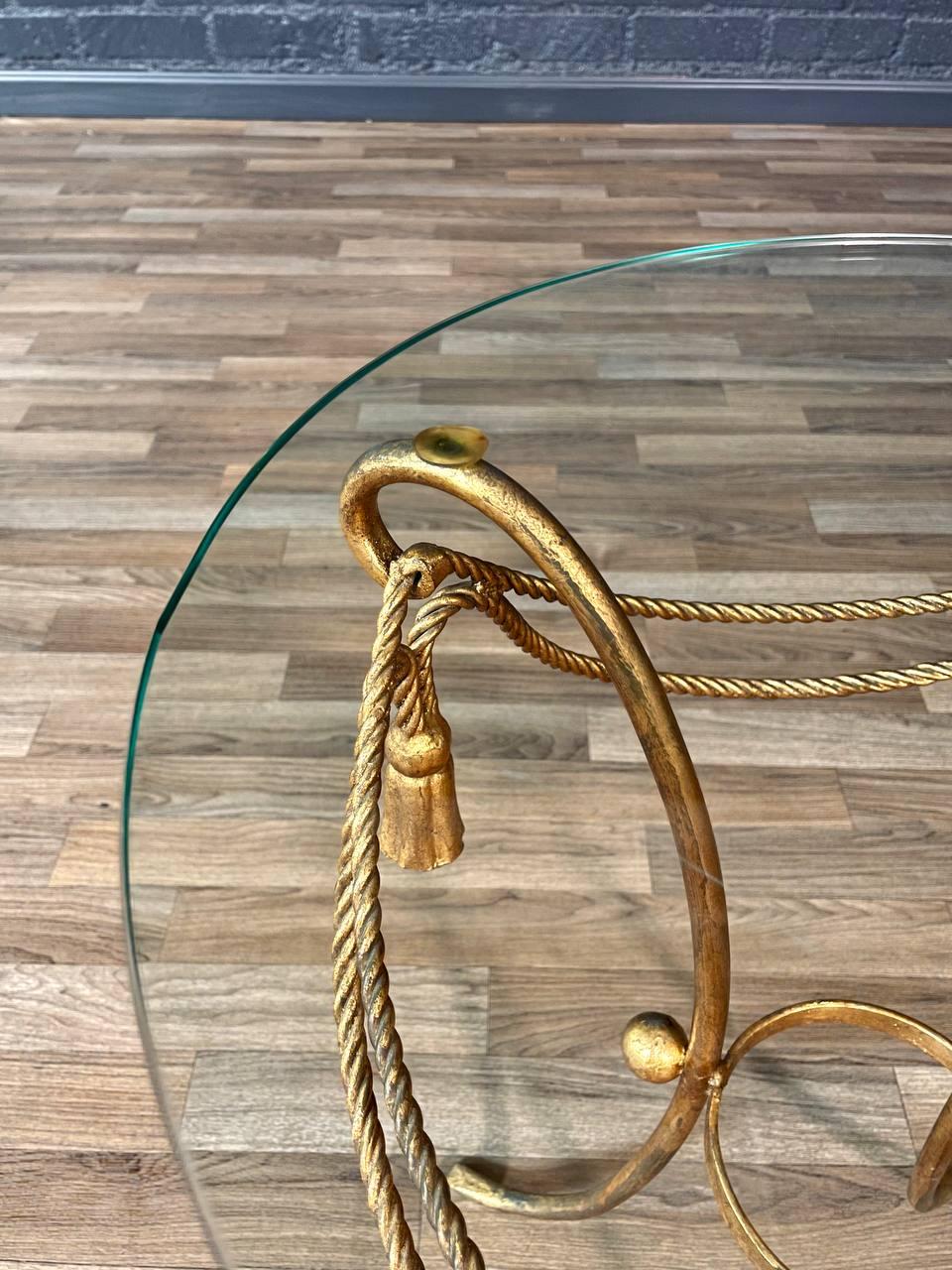 Italian Hollywood Regency Gilt Metal Rope & Tassel Side Table w/ Glass Top For Sale 2