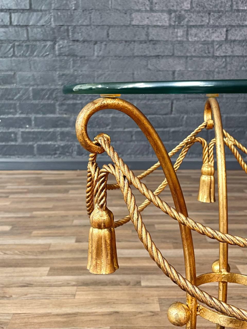 Italian Hollywood Regency Gilt Metal Rope & Tassel Side Table w/ Glass Top For Sale 3