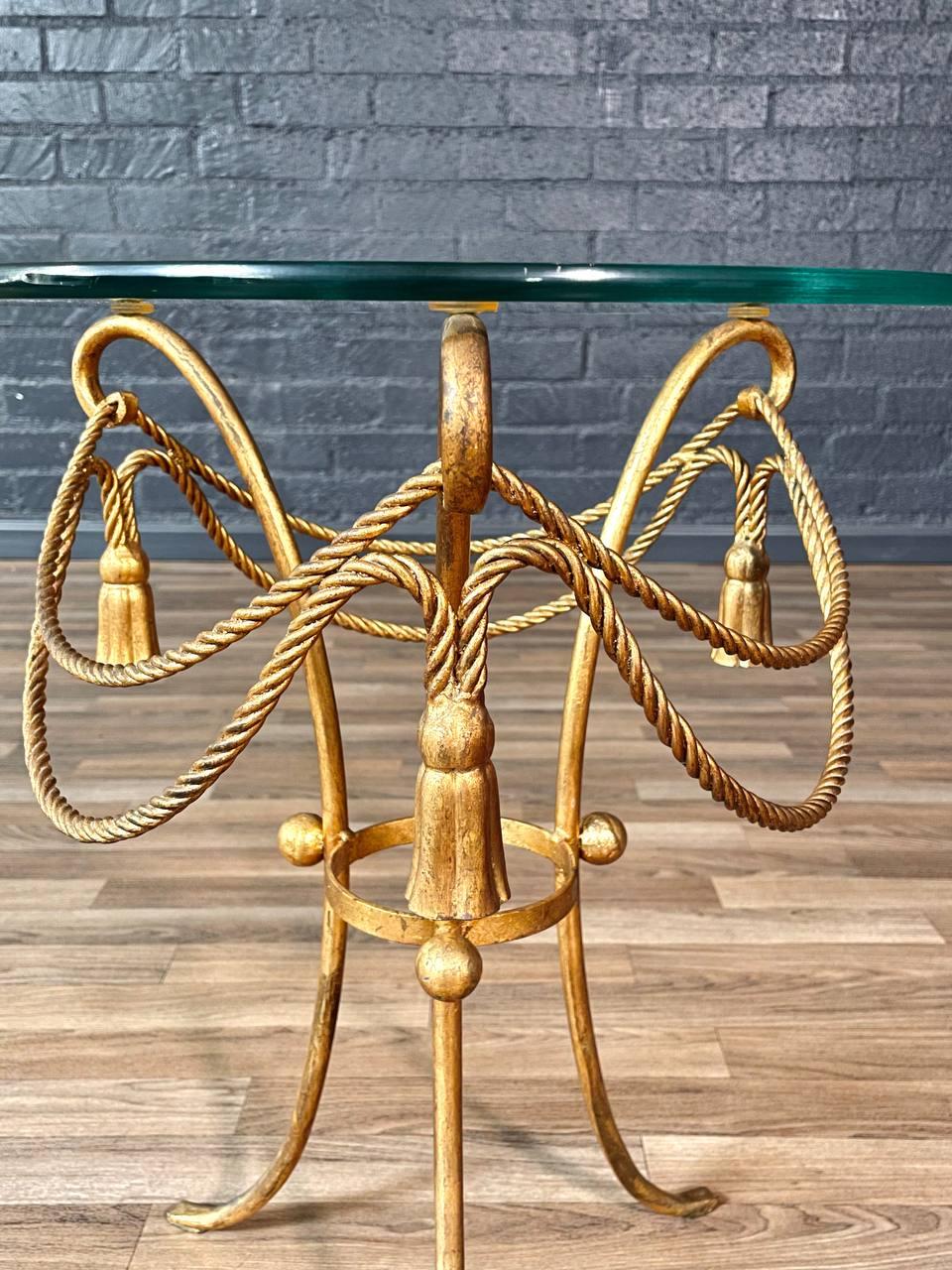Italian Hollywood Regency Gilt Metal Rope & Tassel Side Table w/ Glass Top For Sale 4