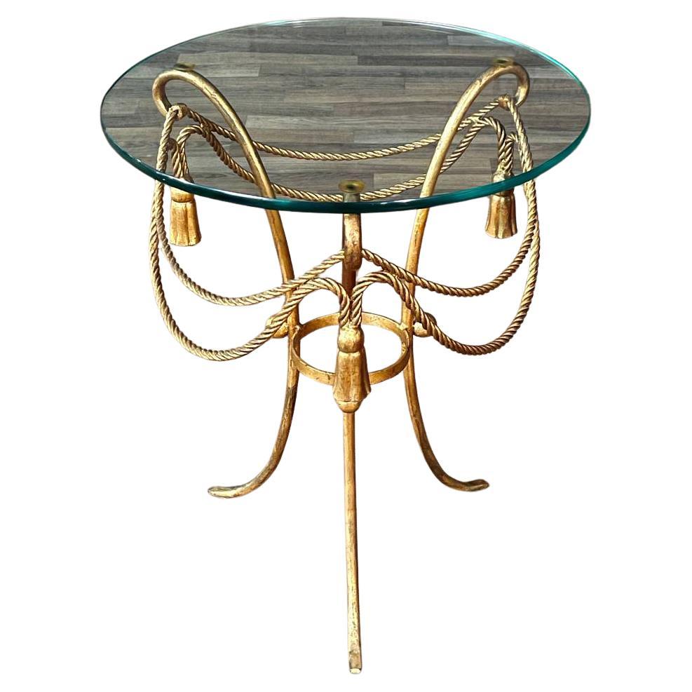 Italian Hollywood Regency Gilt Metal Rope & Tassel Side Table w/ Glass Top For Sale