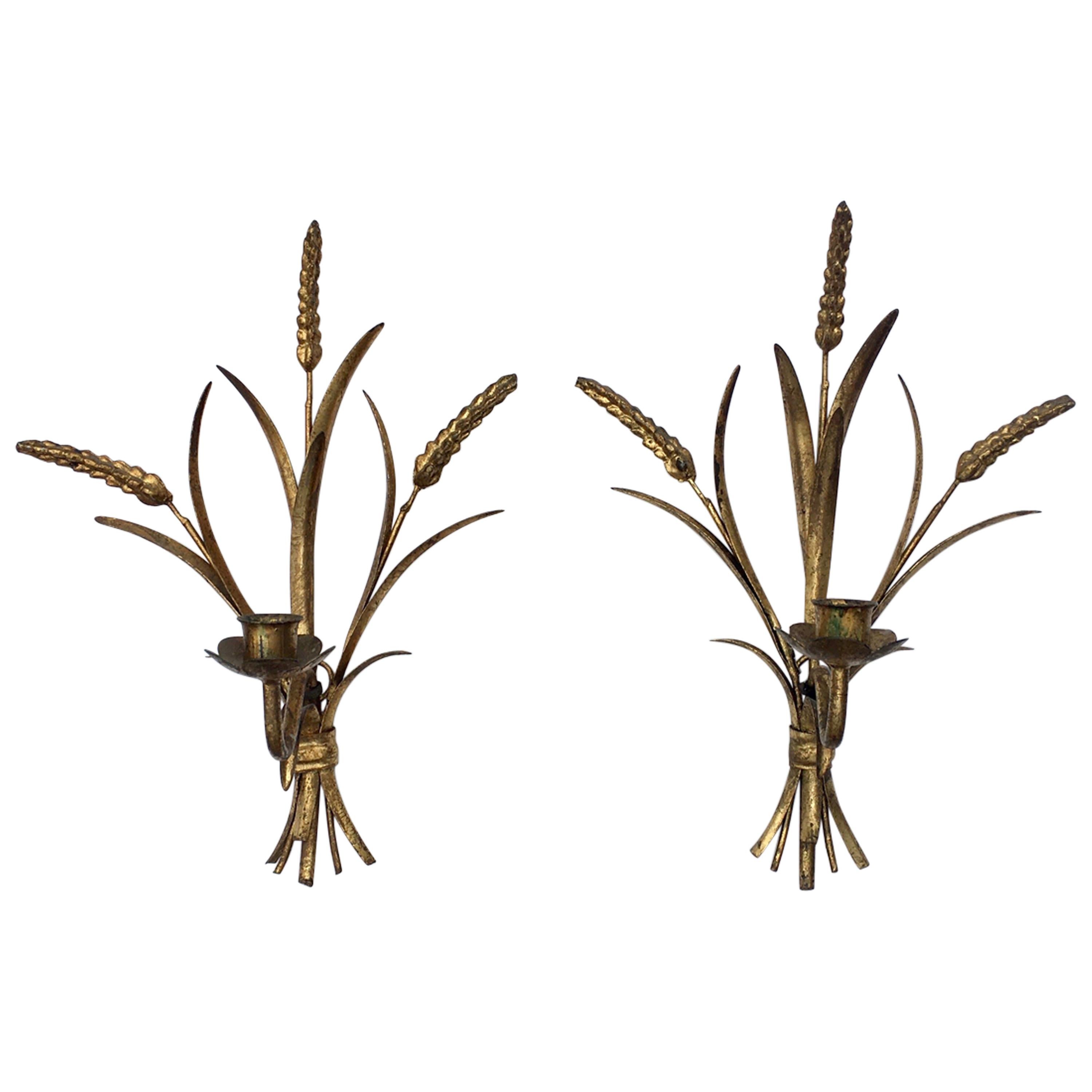 Italian Hollywood Regency Gilt Metal Tole Wheat Candle Wall Sconce, Pair