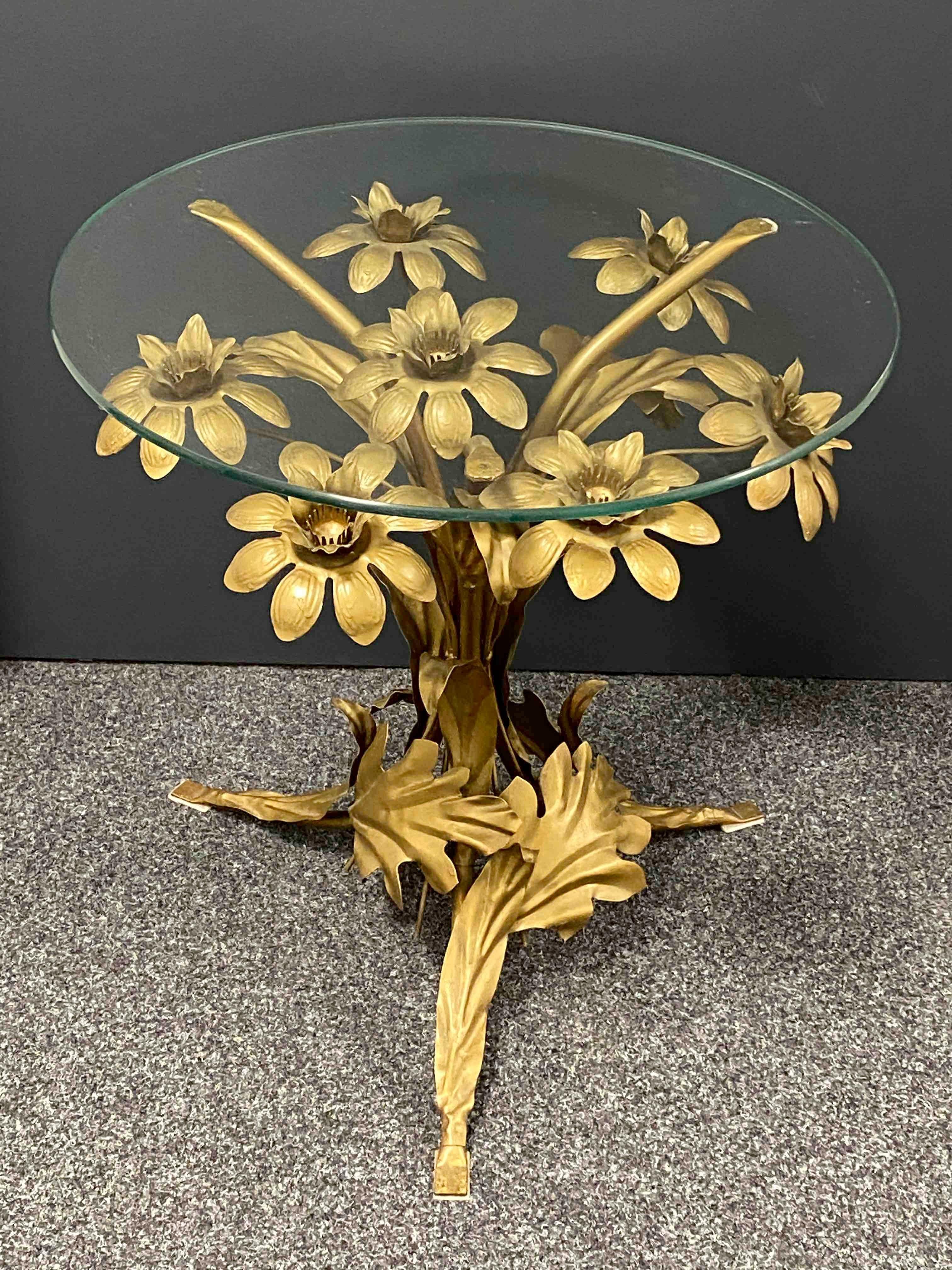 Offered is this beautiful Hollywood Regency gilded and silvered rose flower accent table base. Made in Italy. Glass plate is not included and only added for showing how it looks like with glass top. This is a good price for a item you can put your