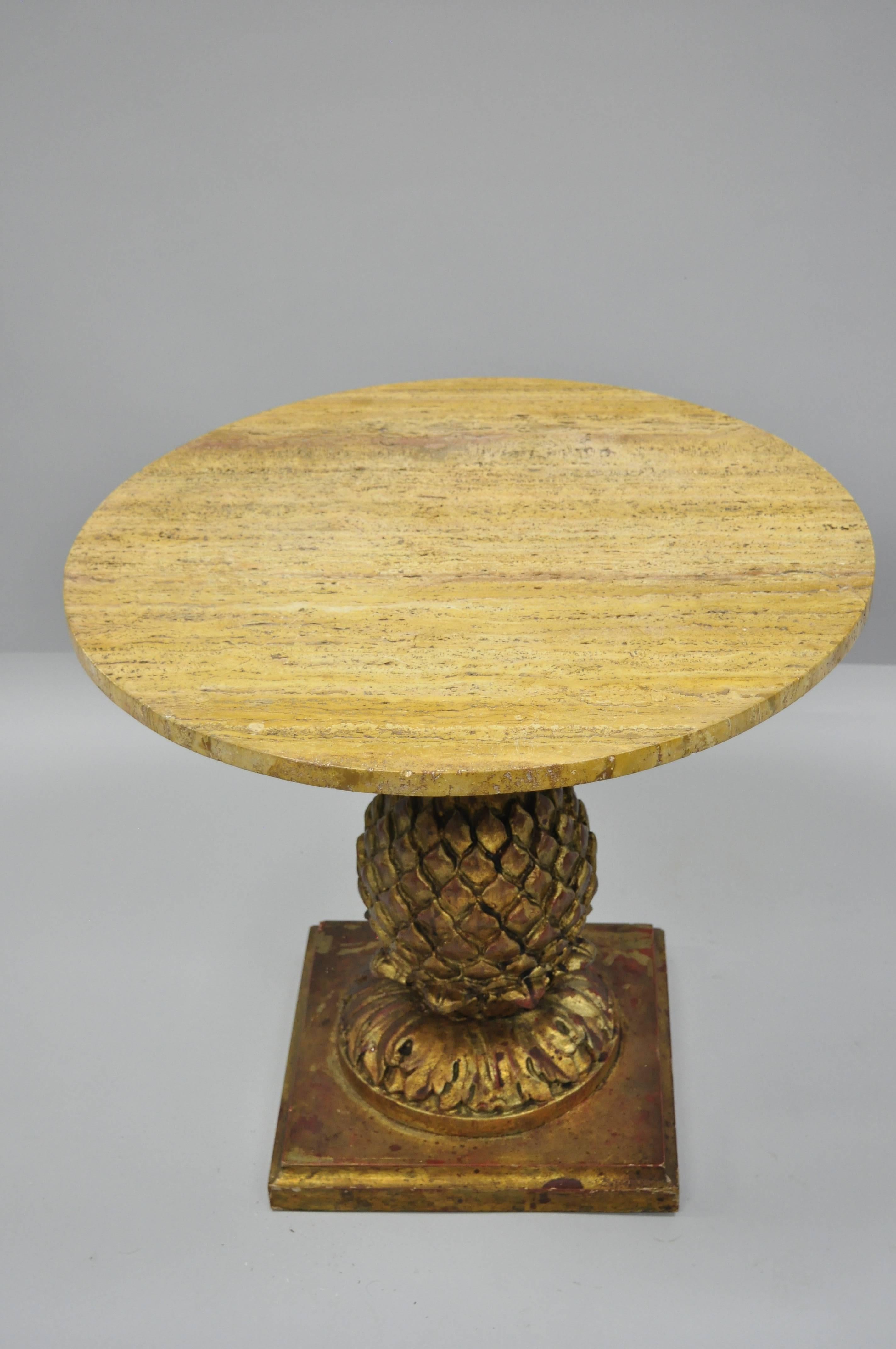 Italian Hollywood Regency Giltwood Carved Pineapple Travertine Top Side Table 4