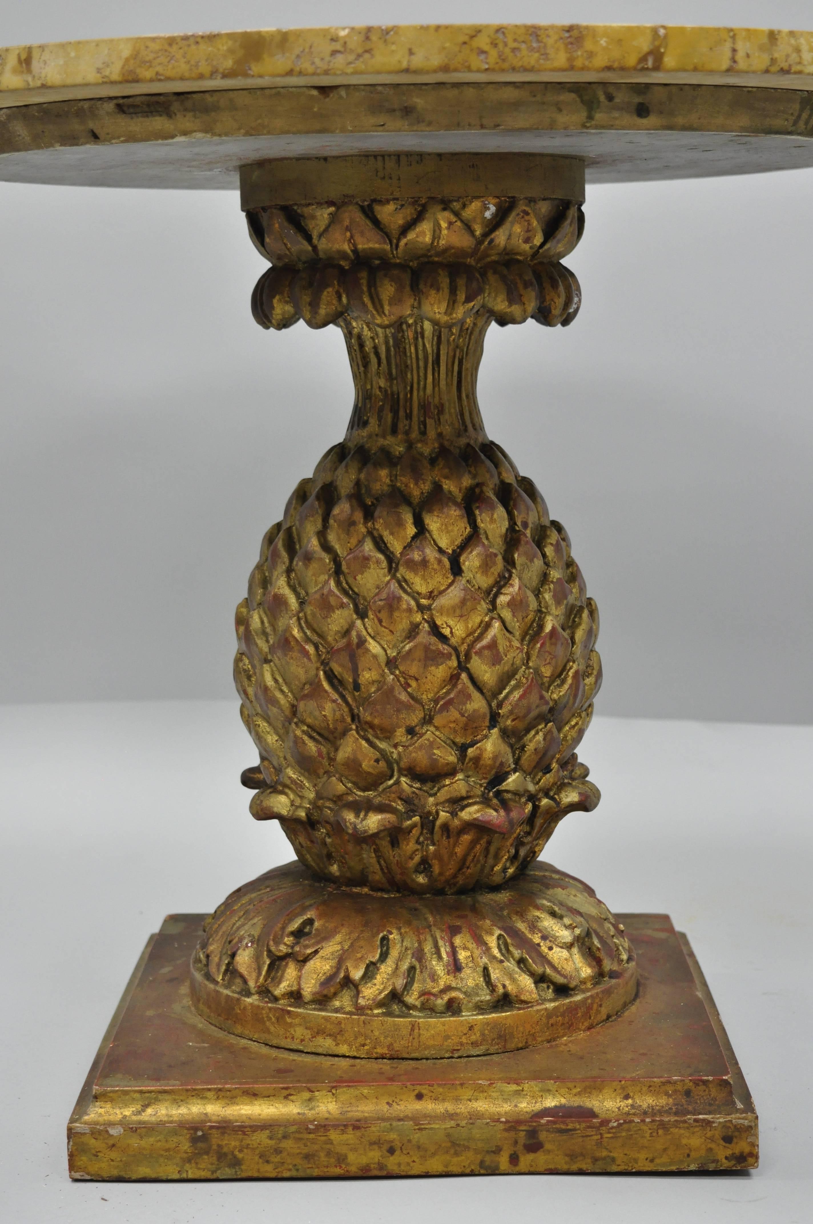 Spanish Italian Hollywood Regency Giltwood Carved Pineapple Travertine Top Side Table