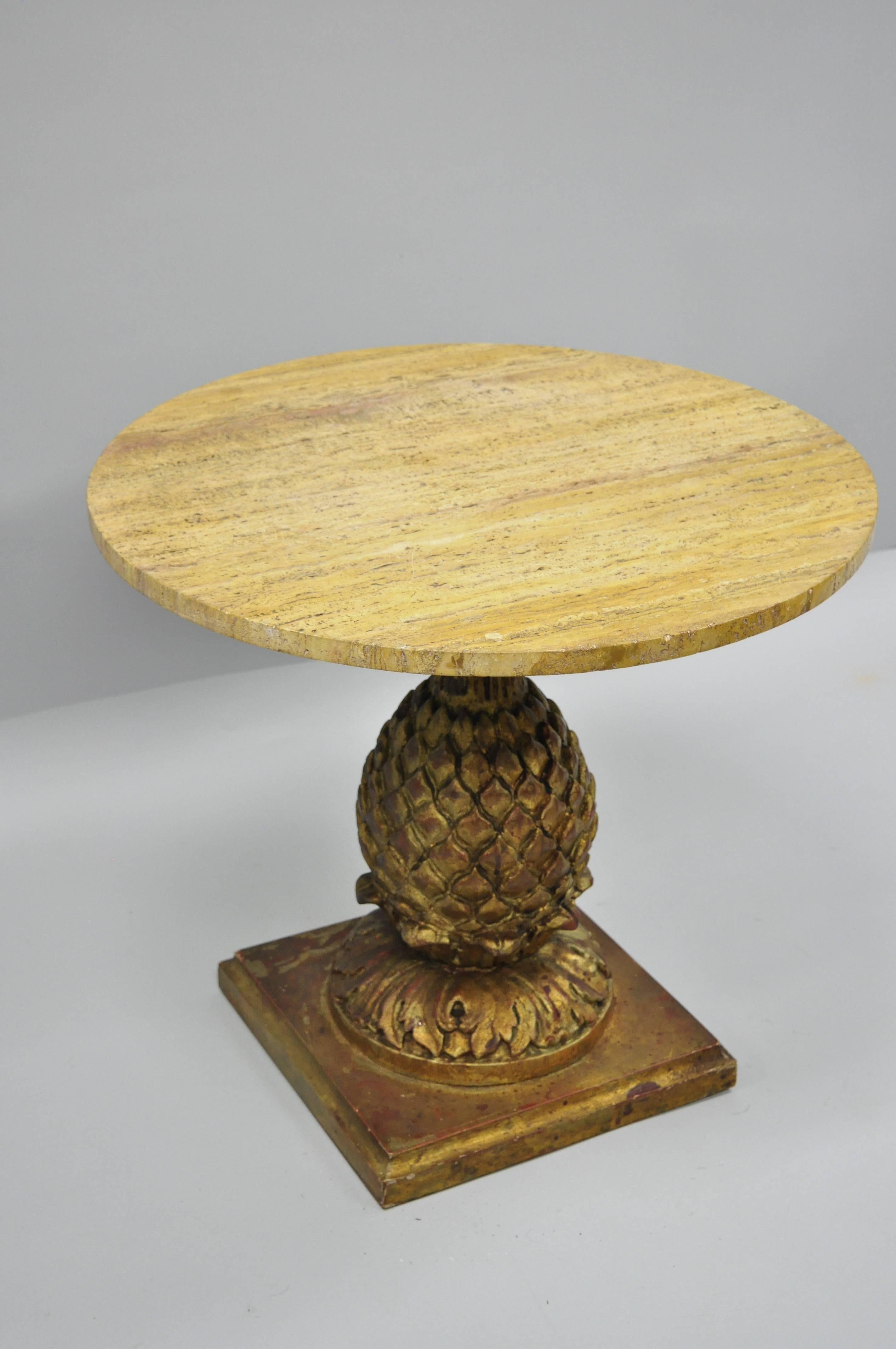 Hand-Carved Italian Hollywood Regency Giltwood Carved Pineapple Travertine Top Side Table