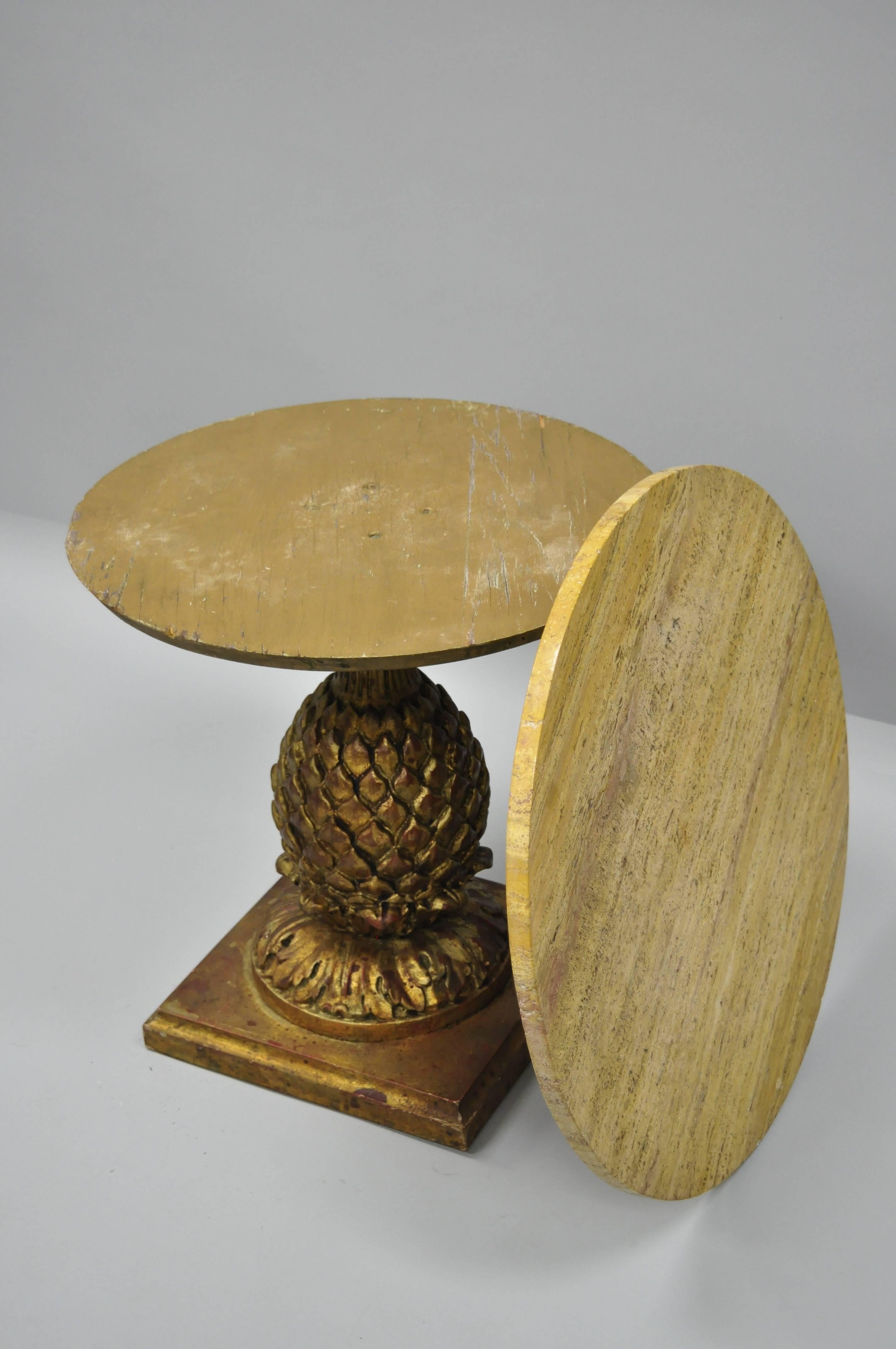 20th Century Italian Hollywood Regency Giltwood Carved Pineapple Travertine Top Side Table